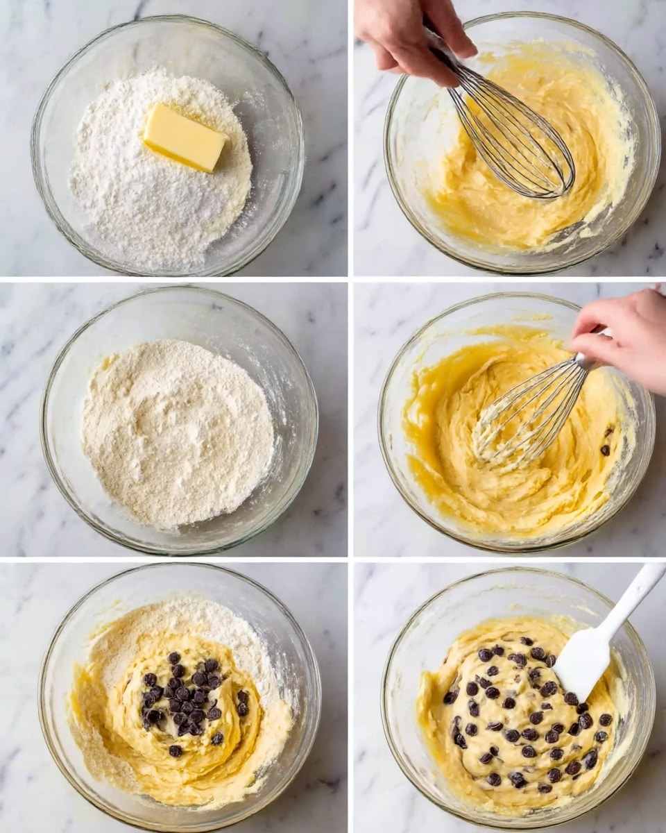 The image shows six close-up steps of making cookie dough in a clear glass bowl on a white marbled surface. The first step has a layer of white sugar and a rectangle of pale butter. The second step shows the sugar and butter mixed into a creamy, pale yellow texture, being stirred with a metal whisk held by a woman's hand. The third step adds an extra yellow batter layer with a thick, smooth look. The fourth step shows a thick white flour layer spread on top of the batter. In the fifth step, the flour is partly mixed in, making the dough creamy light yellow with dark chocolate chips added on top in the center. The sixth and final step shows the dough fully mixed, thick and creamy pale yellow with dark chocolate chips evenly spread inside, being stirred by a white spatula on the bowl’s right side. Photo taken with an iphone --ar 4:5 --v 7