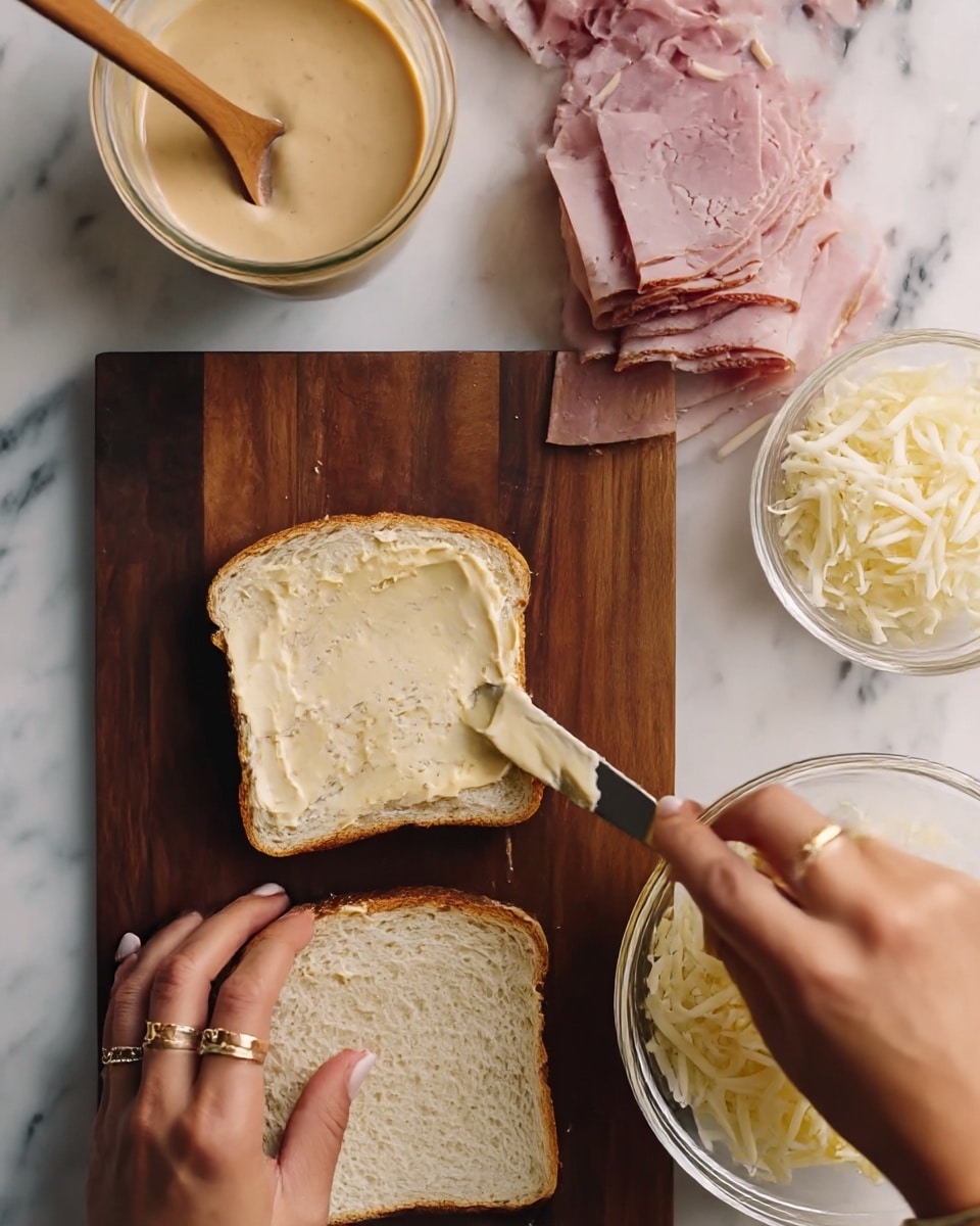 The image shows two slices of white bread on a dark wooden board placed on a white marbled surface. A woman's hand is spreading a soft, light yellow spread on one slice of bread with a small butter knife, while another woman's hand holds the spreader. To the top right of the bread, there is a pile of thinly sliced pink deli meat. To the bottom right, a clear glass bowl contains shredded pale yellow cheese. On the top left, there is a glass bowl filled with a creamy light brown sauce with a wooden spoon resting inside. The shot captures the process of preparing a sandwich in a simple and neat setting, photo taken with an iphone --ar 4:5 --v 7