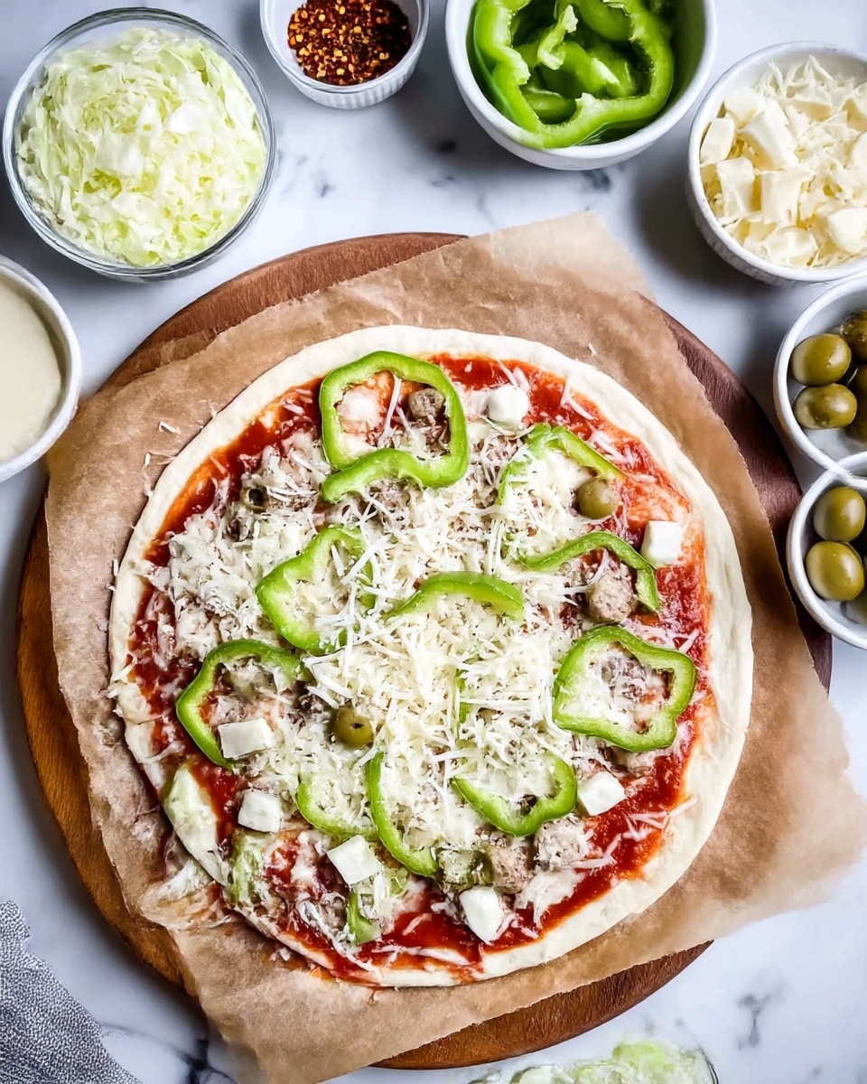 A round uncooked pizza on parchment paper sits on a wooden board over a white marbled surface. The pizza dough base is topped with bright red tomato sauce, scattered with thin green bell pepper rings, sliced green olives, and small chunks of white cheese. Shredded mozzarella cheese is spread all over the pizza, with some pieces melting slightly on top. Around the pizza, there are white bowls containing shredded cheese, sliced green bell peppers, green olives, red pepper flakes, dried herbs, and small cheese cubes. A woman's hand is seen near the pizza, holding a wooden spoon. photo taken with an iphone --ar 4:5 --v 7