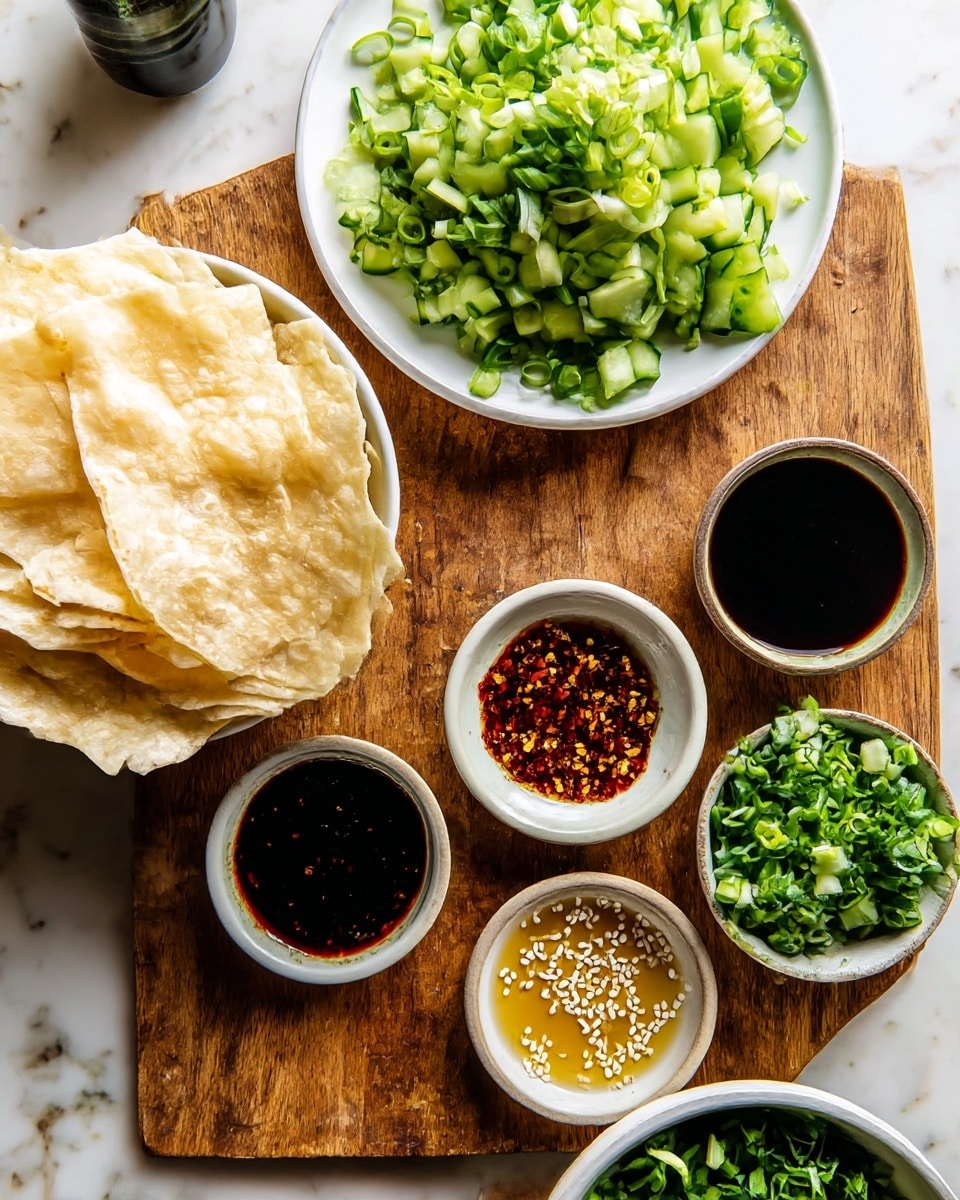 The image shows a wooden board on a white marbled surface, holding several small dishes and food items. On the left side, there are soft, golden flatbreads stacked slightly folded in a white bowl. Above them on the board, there is a white plate filled with bright green sliced green onions. To the right of the plate, there is a pile of finely chopped cucumbers with light and dark green shades. On the board in the center, there are three small round bowls: one with dark soy sauce, one with a reddish chili sauce with visible flakes, and one with a golden liquid topped with white sesame seeds. In the bottom right corner, part of a white bowl with green chopped herbs is visible. The overall scene is bright and fresh with a clean white marbled background. photo taken with an iphone --ar 4:5 --v 7