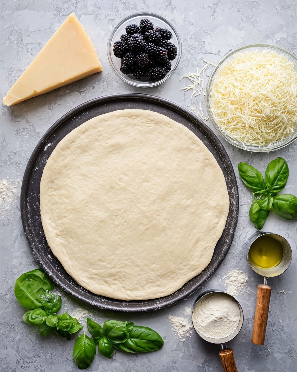 A round pizza dough is stretched flat and placed on a dark pizza pan, centered in the image. Around the pan on a white marbled surface, there is a wedge of hard cheese on the left, a small glass bowl of blackberries above it, and several fresh green basil leaves scattered near the cheese and at the top right. On the right side, there is a clear glass bowl filled with shredded white cheese, and two metal measuring cups with wooden handles, one holding white flour and the other holding a small amount of oil. The scene is brightly lit to show the textures clearly, photo taken with an iphone --ar 4:5 --v 7
