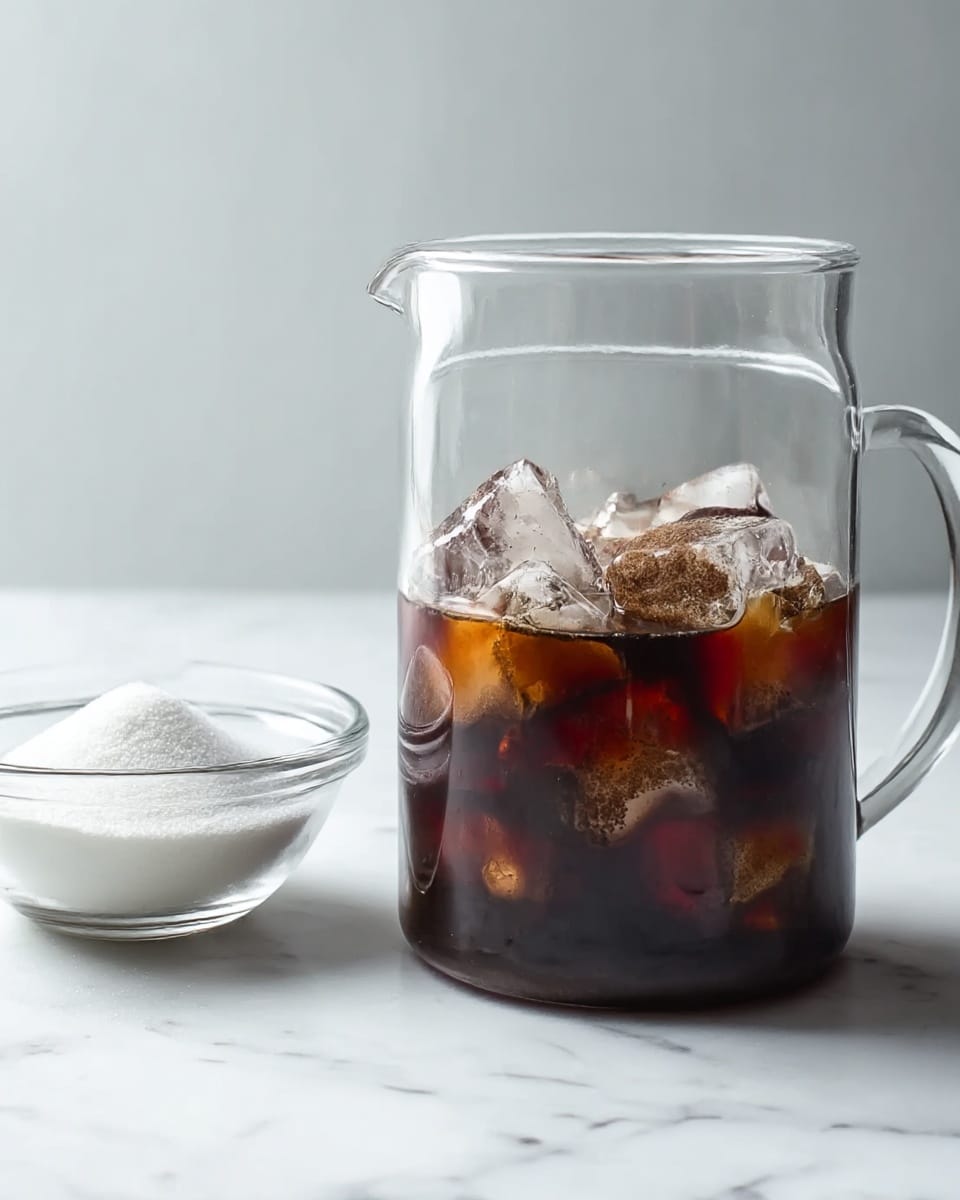 A clear glass mug filled with dark brown liquid and several ice cubes sitting on a white marbled surface; to the left is a small clear glass bowl containing white granulated sugar; the background is plain and neutral with soft lighting highlighting the textures of the ice and liquid; photo taken with an iphone --ar 4:5 --v 7