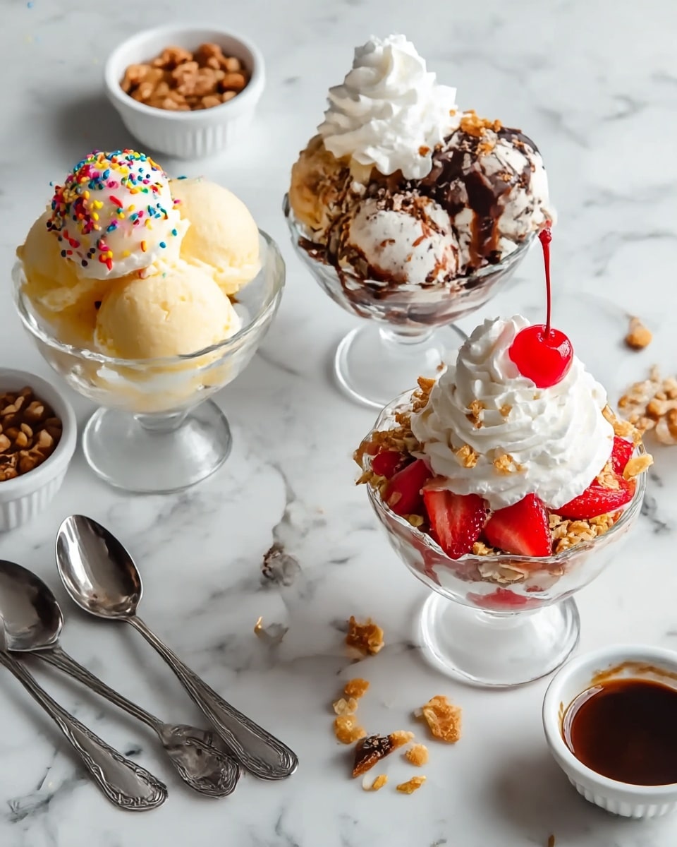 Three ice cream sundaes are arranged on a white marbled surface. The left sundae has three pale yellow scoops topped with white whipped cream and colorful rainbow sprinkles, all in a clear glass bowl. The center sundae features two scoops of marbled white and dark chocolate ice cream with chocolate sauce, crushed cookie pieces, a swirl of white whipped cream, and a red cherry on top. The right sundae shows white whipped cream, fresh red strawberry slices, granola pieces, and a red cherry on top, layered in a clear glass bowl. Nearby are small white bowls filled with nuts and chocolate sauce, along with two silver spoons on the surface. photo taken with an iphone --ar 4:5 --v 7