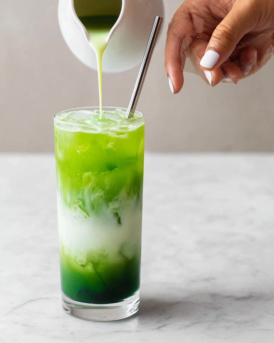 A clear tall glass filled with three main layers: the bottom layer is bright green with a smooth texture, the middle layer is a mix of green and white with visible ice cubes blending in, and the top layer is white and frothy with a light foam texture. In the left image, a white small pitcher pours dark green liquid into the glass from above, creating a swirling effect in the middle layer. In the right image, a woman's hand with short, manicured nails painted white and light pink holds a metal straw stirring the drink. The glass is placed on a white marbled surface. photo taken with an iphone --ar 4:5 --v 7