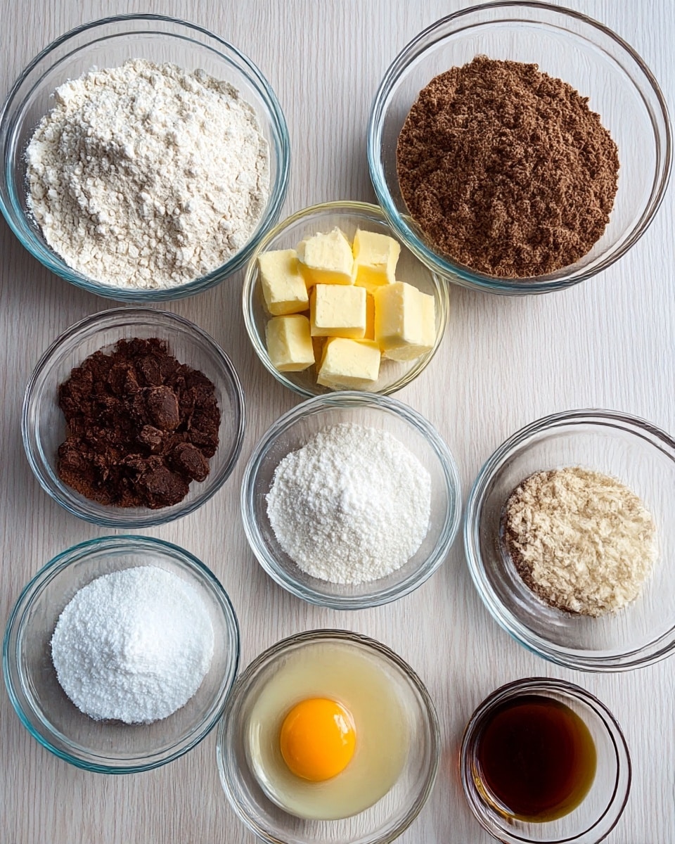 The image shows eight clear glass bowls with different baking ingredients arranged on a light wooden surface. At the top left is a bowl filled with white flour, next to it on the right is a larger bowl of brown sugar. Below the flour bowl is a bowl with yellow butter cubes. In the center, there is a bowl of dark brown cocoa powder and next to it a small bowl with white baking powder. Below these is a small bowl with white granulated sugar, a bowl with a raw egg showing the yellow yolk and clear whites, and lastly, a small bowl of brown vanilla extract. photo taken with an iphone --ar 4:5 --v 7