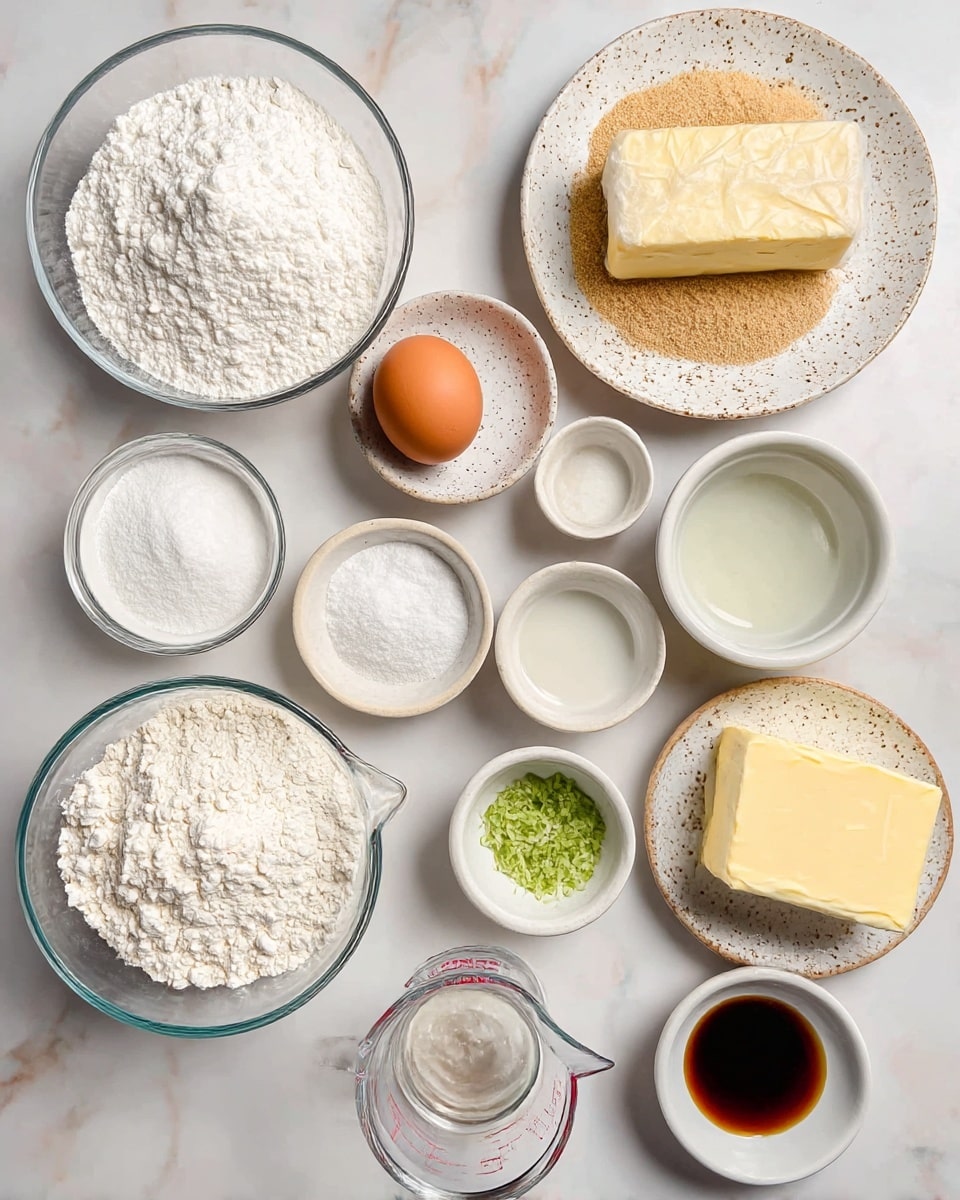 The image shows eleven bowls and plates arranged neatly on a white marbled surface, each filled with different baking ingredients. The bottom layer has a clear glass bowl with white flour and a clear measuring cup with white powdered sugar. Moving upward, there is a white bowl with granulated white sugar on the left and a white speckled plate with light brown sugar on the right. In the middle, from left to right, there is a small white speckled plate with salt and baking powder, a white bowl with a raw brown egg, a white bowl with clear liquid, a small white speckled bowl with green lime zest, a small white speckled bowl with dark brown vanilla extract, and a block of pale yellow butter wrapped in paper. Photo taken with an iphone --ar 4:5 --v 7
