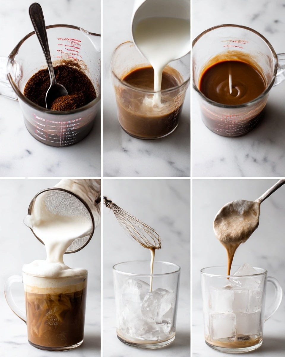 The image shows six steps to make a creamy coffee drink. The first layer is in a clear measuring cup with a dark brown granular liquid being stirred with a spoon. In the second step, the liquid turns thick and smooth inside the same measuring cup with the spoon resting in it. The third step shows white milk being poured into the dark mixture, making a lighter brown color. The fourth step shows the milk being frothed into a thick white foam inside the measuring cup with a whisk. The fifth step shows the coffee mixture being poured from the measuring cup into a clear glass filled with big clear ice cubes. The sixth step shows a spoon lifting a thick, white foam above the same glass with ice and coffee. The background and surface are white marble. photo taken with an iphone --ar 4:5 --v 7