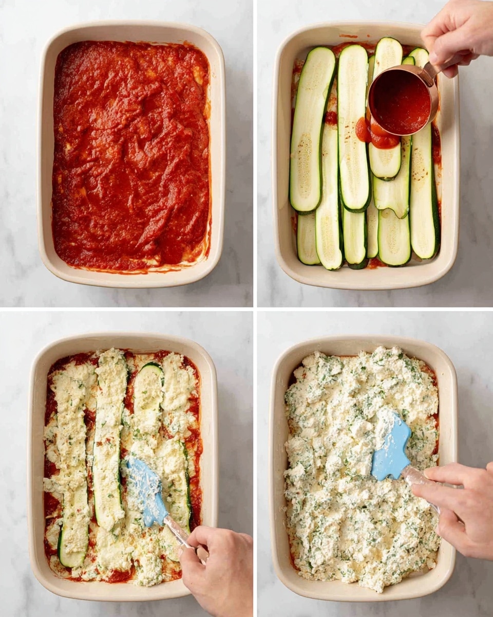 The image shows four steps of making a layered zucchini dish in a white baking dish on a white marbled surface. In the first frame, a red tomato sauce layer spreads evenly covering the base of the dish. In the second frame, long thin slices of green zucchini with light interiors are arranged side by side over the tomato sauce, filling the dish. In the third frame, a woman's hand holds a copper measuring cup pouring more tomato sauce over a thick, creamy white ricotta mixture with green herbs spread on top of the zucchini. In the last frame, the creamy ricotta layer is spread evenly over the zucchini with a blue spatula, showing a textured, thick white and green herb mix that partly covers the zucchini underneath, some of the red sauce visible at the edges photo taken with an iphone --ar 4:5 --v 7