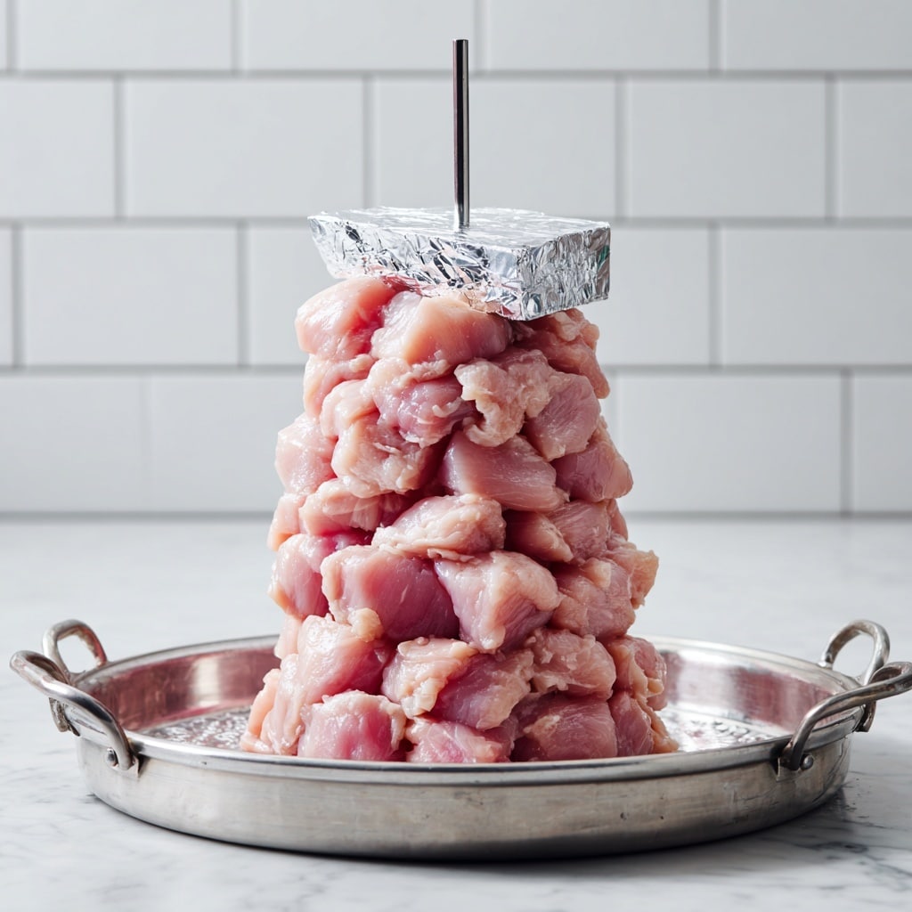 A tall stack of raw pink marinated meat pieces layered unevenly on top of each other, forming a rough cylindrical shape speared through the center by a long, thin metal skewer. Two small squares of shiny silver foil cover the top part of the meat. The stack sits on a round metal tray with two side handles. The scene is set against a clean white marbled surface and a white subway tiled wall in the background. photo taken with an iphone --ar 4:5 --v 7