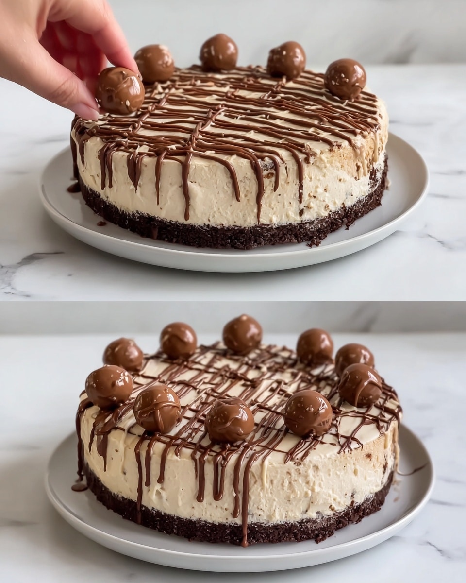 The image shows a round three-layered cake on a white plate over a white marbled surface. The bottom layer is a dark brown crumbly crust, the middle layer is a thick light cream layer with a smooth texture, and the top is covered with a crisscross drizzle of light brown chocolate sauce, some of which drip slightly over the edges. In the second image, a woman's hand is placing five round chocolate balls evenly spaced on the chocolate drizzle on top of the cake, adding a touch of decoration. Photo taken with an iphone --ar 4:5 --v 7