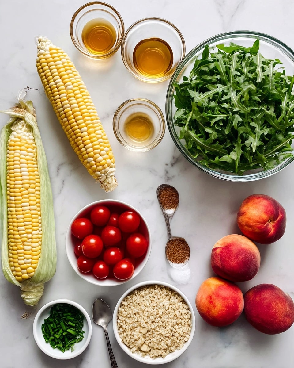 The image shows a top-down view of fresh ingredients laid out on a white marbled surface. There are two ears of yellow and white corn placed horizontally near the top left. Next to them are two small clear glass bowls, one with a golden liquid and the other with a slightly darker amber liquid. To the top right, a large clear glass bowl is filled with green leafy arugula. On the bottom right, three whole red peaches with smooth skins are placed near a silver spoon holding a brown spice. Below the peaches, a white bowl contains bright red cherry tomatoes, some halved showing their juicy interiors. In the bottom center, a silver bowl holds cooked quinoa with a light fluffy texture. Small white bowls with finely chopped green chives, a mix of salt and black pepper, and pale sliced almonds are arranged in a line near the quinoa. The entire scene is well lit, with a fresh and clean look. photo taken with an iphone --ar 4:5 --v 7