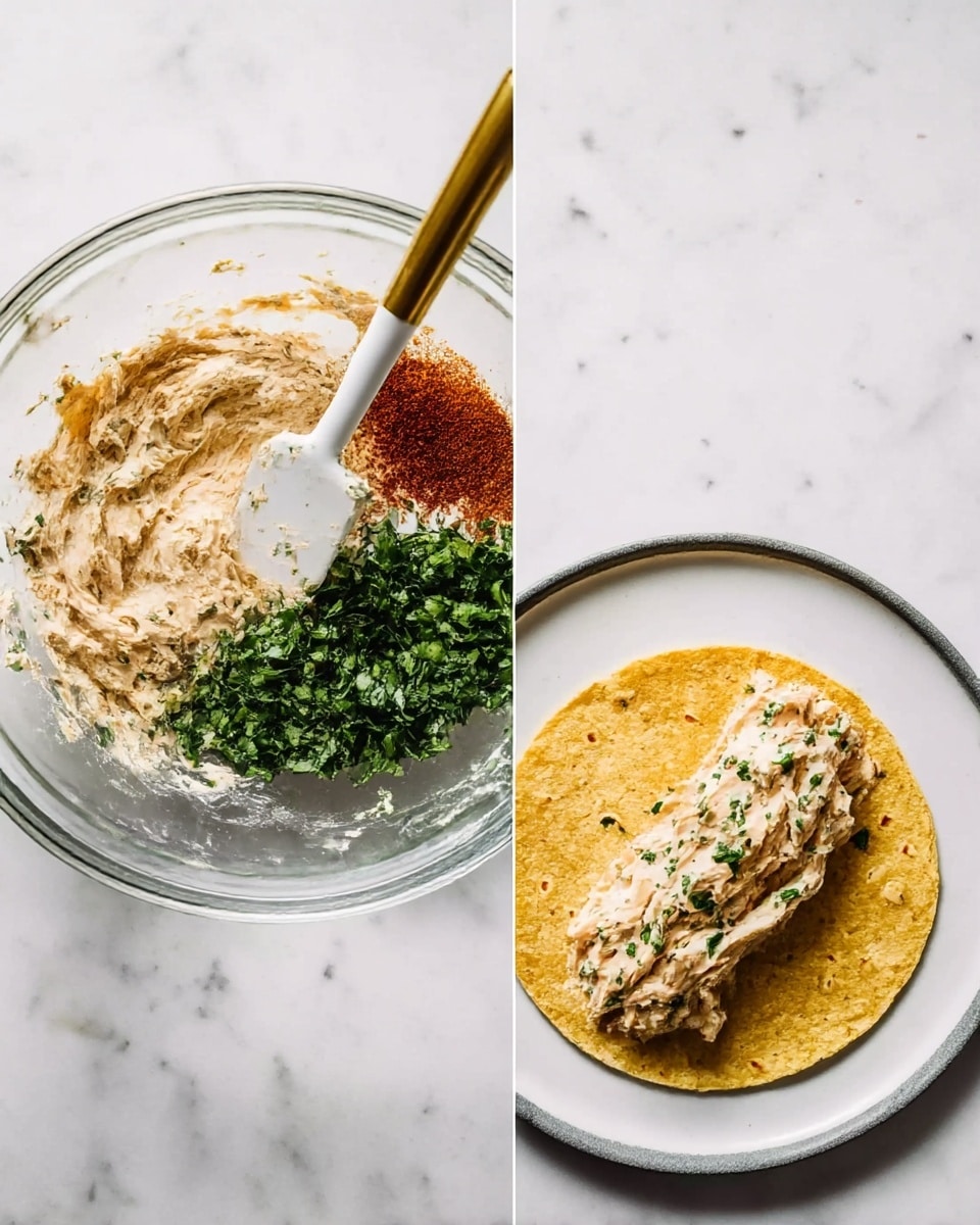 The left side shows a clear glass bowl on a white marbled surface filled with three main sections of ingredients: a creamy light beige mixture in the middle, bright green chopped herbs on the right, and reddish-brown spices on the left. A white spatula with a gold handle rests inside the bowl. The right side shows a round white plate with a gray rim on the white marbled surface holding a single yellowish round tortilla. A strip of creamy, light beige filling mixed with green herbs lies across the center of the tortilla, roughly spread in a line. Photo taken with an iphone --ar 4:5 --v 7