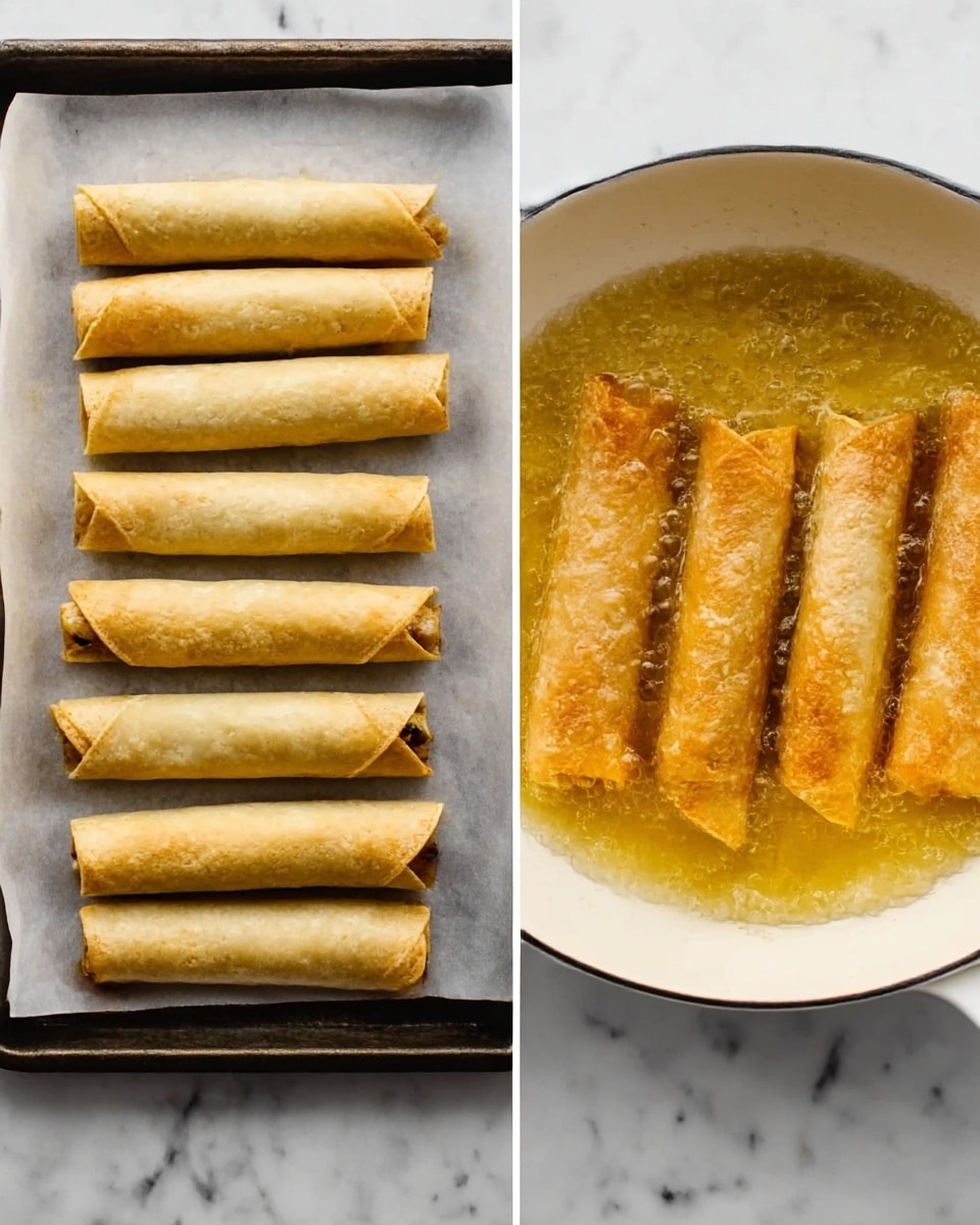 The image shows two parts: on the left, six rolled tortillas in a single layer on white parchment paper over a baking tray, the tortillas are light golden brown and tightly rolled with some filling visible at the open ends. On the right, four similar rolled tortillas are frying in a white pan filled with bubbling golden oil, the tortillas turning a crispy golden brown color, with a slight crisp texture visible. Both parts are set on a white marbled surface. Photo taken with an iphone --ar 4:5 --v 7