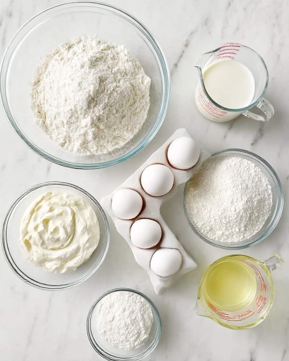 The image shows several bowls and cups with baking ingredients arranged on a white marbled surface. At the top left, there is a large clear glass bowl filled with a mound of white flour. To its right, there is a small clear measuring cup with milk, showing a light white color and smooth texture. Below this, there is a white egg holder with four large white eggs resting inside. In the center, slightly to the bottom left, there is another clear bowl with white sour cream, which looks creamy and smooth with soft peaks. Next to it, another clear bowl filled with a fine white powder, likely powdered sugar or flour. To the right of these bowls, there is a glass measuring cup filled with a clear liquid oil with a light yellow tint. Lastly, in the bottom right corner, a small clear measuring cup contains a pale yellow liquid, possibly lemon juice. The overall setup is neat and bright, with all containers clearly showing their contents. photo taken with an iphone --ar 4:5 --v 7