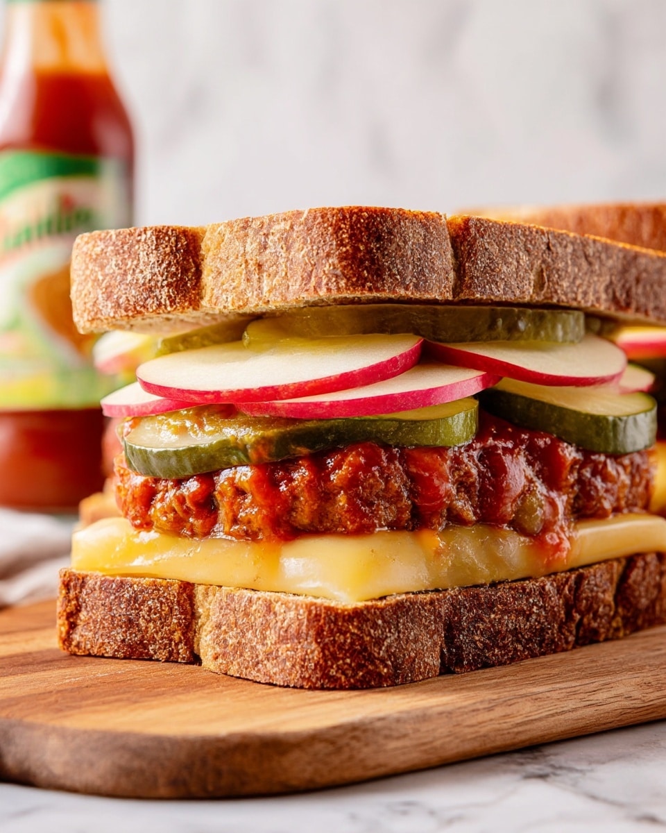 A sandwich is shown with two thick layers of crusty brown bread with a rough texture. The bottom layer holds a smooth, pale yellow slice of cheese. Above that, there is a large, browned patty with a red sauce spread unevenly on top. Next, a layer of light green pickles with a slightly wet, shiny look is placed. On top of the pickles, thin slices of pink apple are neatly arranged in a row. The sandwich sits on a wooden board with a white marbled textured surface behind it. A blurred bottle of sauce is visible in the background. photo taken with an iphone --ar 4:5 --v 7