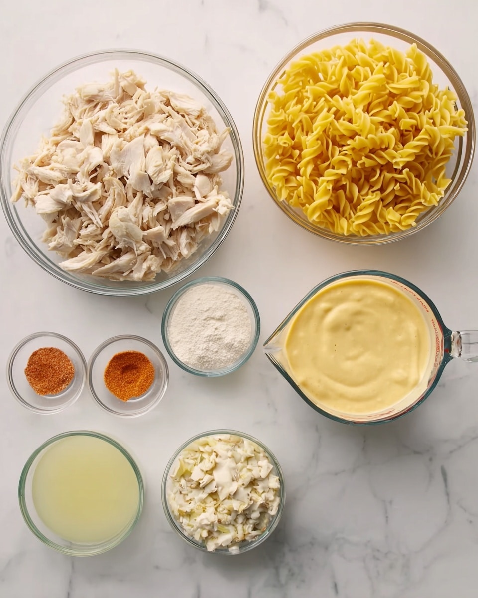 The image shows seven clear glass containers on a white marbled surface. Two large bowls hold yellow twisted pasta on the right and shredded light brown and white chicken pieces on the top left. A large measuring cup in the bottom center holds a thick pale yellow sauce. To the right of it is a smaller measuring cup with a white sauce containing visible bits. To the left of the yellow sauce are three small glass bowls, each holding different powders: one is white, one is off-white, and one is reddish orange. On the far left is another measuring cup filled with light yellow liquid. All containers are neatly arranged with clear visibility of their contents. photo taken with an iphone --ar 4:5 --v 7