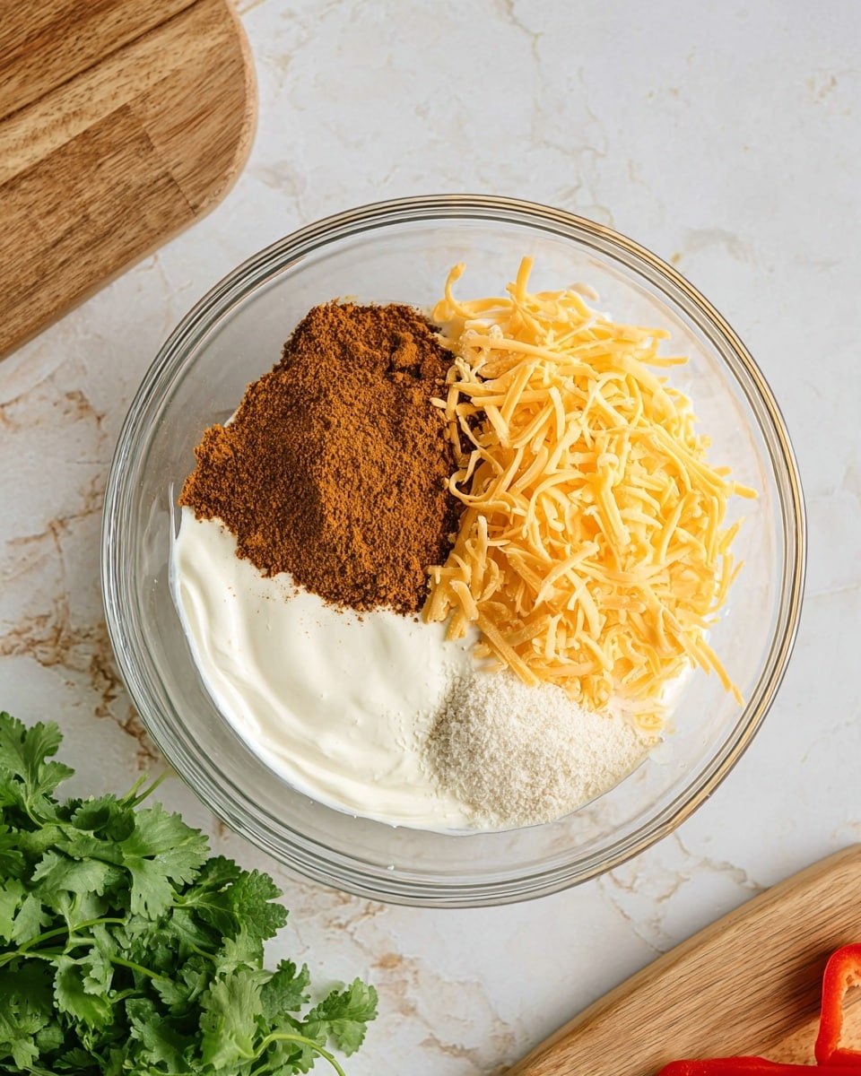 A clear glass bowl sits on a white marbled surface, containing four layers of ingredients. The bottom layer is a smooth, thick white cream filling half the bowl. On the left side, there is a mound of fine brown powder with a slightly grainy texture. On the upper part, there is a pile of shredded bright yellow cheese with a soft and slightly uneven texture. Near the bottom right, there is a small patch of fine white granules. In the lower part of the image, a wooden cutting board with green leafy cilantro and a red bell pepper corner is visible. photo taken with an iphone --ar 4:5 --v 7