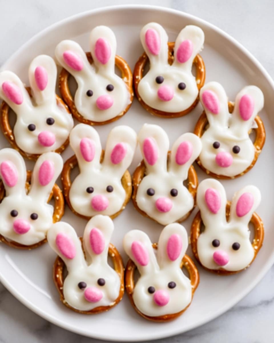 A woman's hand holds a small bunny-shaped pretzel snack decorated with three layers: the pretzel forms the outer brown frame with a rough texture, inside is a smooth white cream layer filling the face area, and pink cream is used for the inner ear details and a small nose; two tiny black dots make the eyes. On a white plate in the background, several identical bunny pretzels create a soft pile on a purple and white checkered cloth with small purple flower decorations. Pastel-colored easter egg candies in yellow, purple, pink, and blue softly blur in the background on a white marbled surface. Photo taken with an iphone --ar 4:5 --v 7