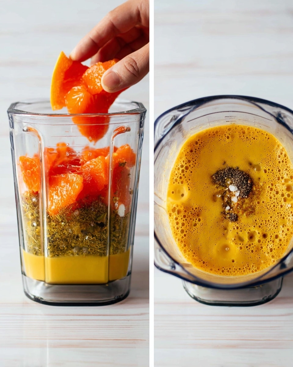 A clear blender jar sits on a white marbled surface in three vertical shots. In the first shot, a woman's hand is seen adding bright orange citrus segments over layers of golden yellow spices and oil, which create a glossy bottom layer with small bits. The second shot shows the citrus segments fully in the blender on top of the spices and oil, with a sprinkle of dark powder and white granules, all forming a colorful mix in the jar. The third shot displays the result after blending: a smooth, light orange liquid with tiny bubbles and a creamy texture filling the blender about halfway. Photo taken with an iphone --ar 4:5 --v 7