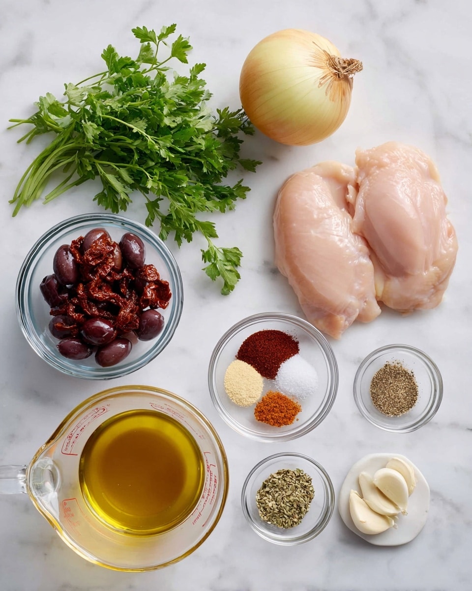 In the image, there is a clear glass bowl on the right with two raw chicken pieces, light pink and smooth in texture. Below it, a small glass measuring cup filled with light brown broth sits on a white marbled surface. To the left of the broth is a small clear bowl with dark red sun-dried tomato pieces. Above the sun-dried tomatoes, there is another small clear bowl filled with dark purple olives. In the top left, a whole yellow onion and a fresh bunch of green parsley lay side by side. In the center, a small clear bowl holds five separate spices: black pepper, white salt, red paprika, greenish oregano, and brownish spice arranged in a circular pattern. On the top right, a tiny clear bowl has two peeled white garlic cloves, next to it is a clear glass bottle of olive oil with a yellow tint. All items are neatly spaced on the white marbled background. Photo taken with an iphone --ar 4:5 --v 7