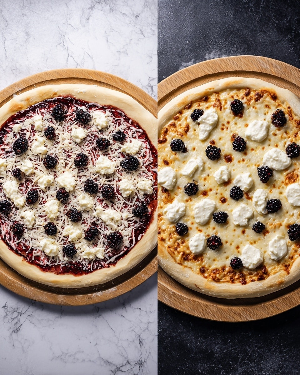 The image shows a fresh pizza before and after baking. The pizza has one thick layer of light beige dough with a slightly raised edge. On top, there is a thin reddish-purple sauce spread evenly over the dough, topped with a layer of finely shredded white cheese. Scattered across the cheese are small black blackberries and multiple dollops of soft white cream cheese placed randomly. The baked pizza on the right side sits on a wooden board, showing the cheese melted into a light golden color, the sauce slightly bubbling and darkening under the cheese, and the cream cheese maintaining its shape but softened. Blackberries remain visible on top and around the pizza. The surface underneath both items is a white marbled texture. Photo taken with an iphone --ar 4:5 --v 7