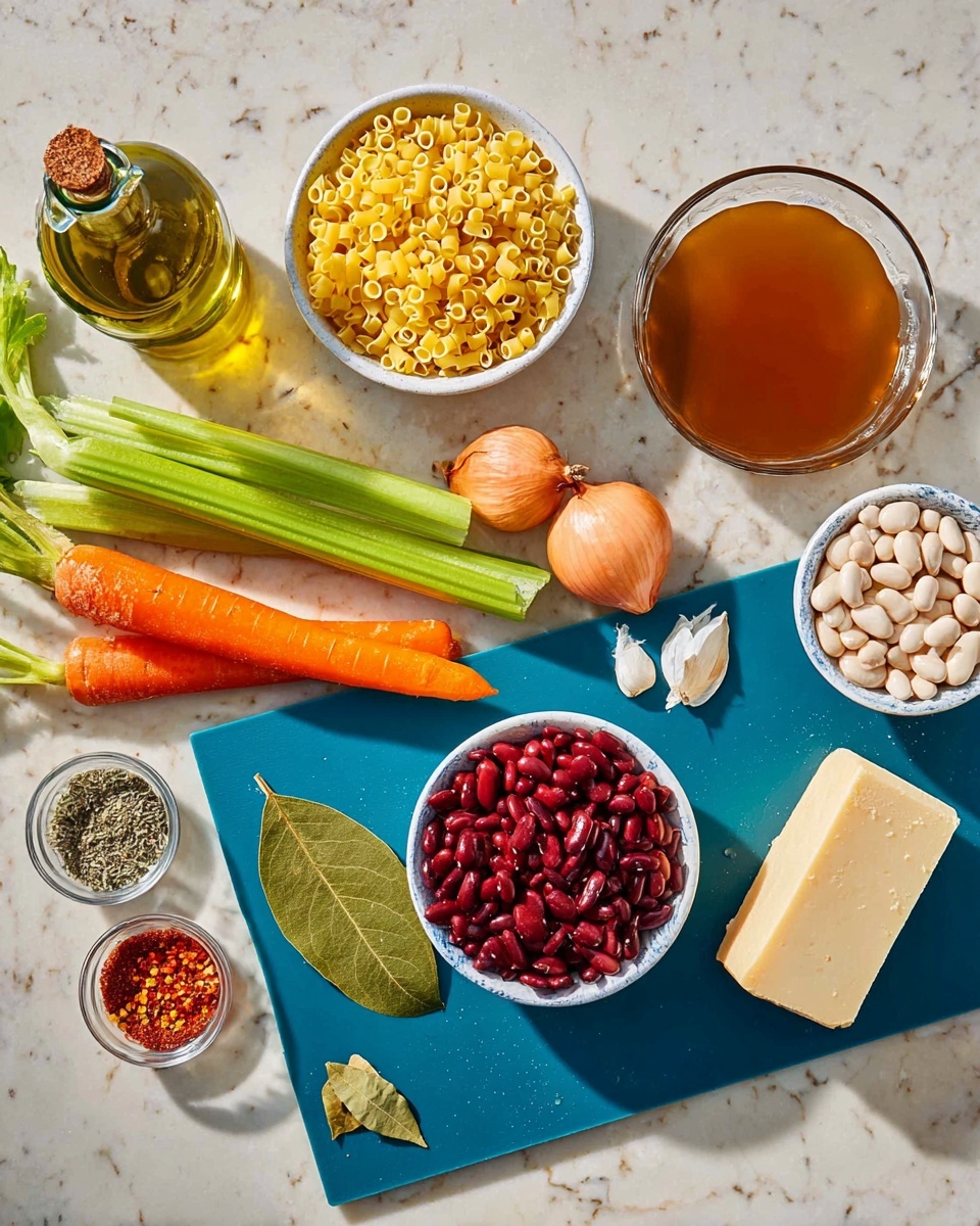 The image shows a collection of ingredients for cooking arranged neatly on a blue cutting board and white marbled surface. In the center, there are two long orange carrots, two green celery stalks, a whole onion, and two garlic cloves. Surrounding the cutting board, there is a white bowl filled with small yellow pasta, another white bowl with white beans, and a white bowl with dark red kidney beans. Nearby, there is a block of hard cheese placed on the edge of the blue cutting board, a glossy bottle of olive oil, a glass container of brown broth, a glass of chunky red tomatoes, a green bay leaf, and three small dishes containing salt and pepper, red chili flakes, and dried herbs. photo taken with an iphone --ar 4:5 --v 7