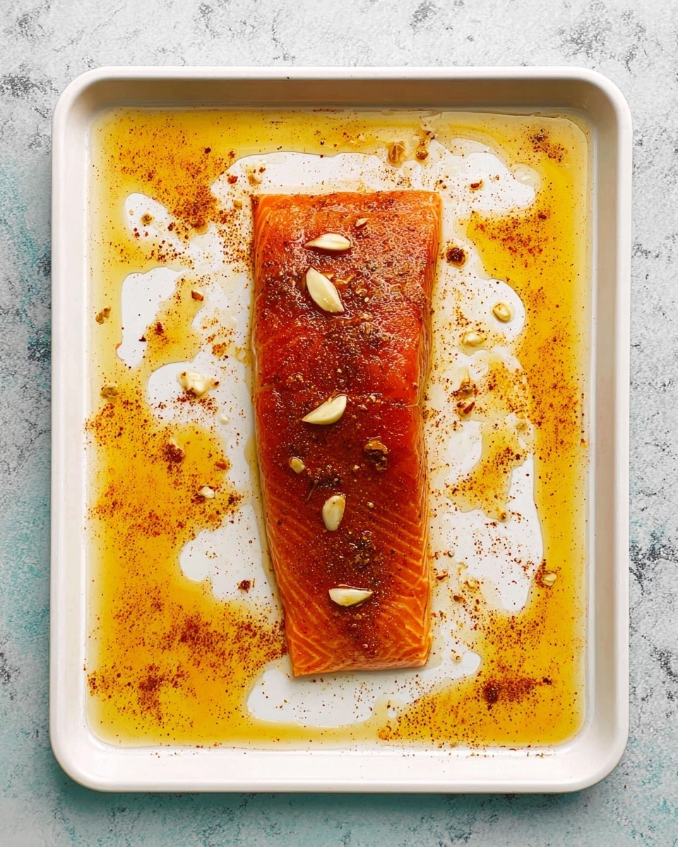 A single piece of salmon fillet lies flat on a white baking tray, covered in a reddish-brown spice mixture that looks slightly oily. Thin slices of garlic are scattered evenly across the top of the fish. The tray has oil and seasoning splattered around the salmon, creating a bright yellow and dark brown oily pattern on the white tray. The background surface is white with a marbled texture. photo taken with an iphone --ar 4:5 --v 7