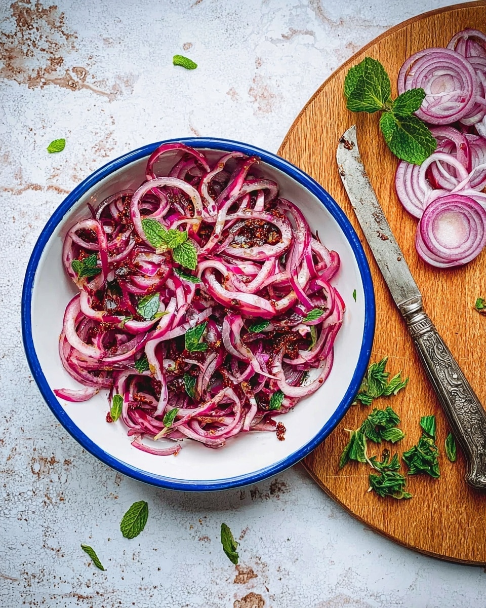 A white bowl with a blue rim is filled with thinly sliced red onions mixed with dark red spices and small green herb leaves, giving a colorful and fresh look. Beside the bowl is a round wooden cutting board with more sliced red onions and fresh green herbs scattered on it, along with an old silver knife. The background is a white marbled surface with a few loose onion slices scattered around. photo taken with an iphone --ar 4:5 --v 7
