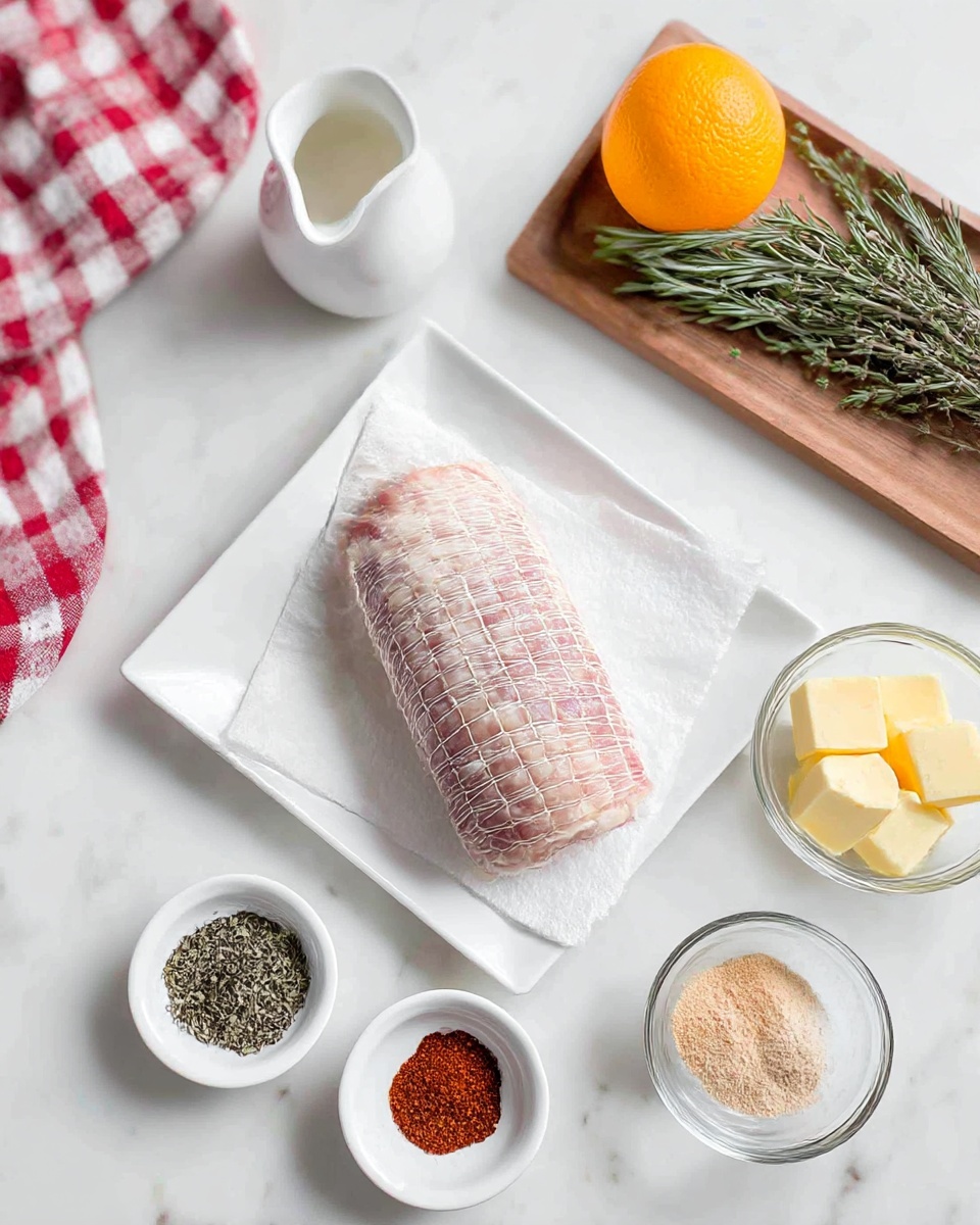 Air Fryer Herbed Boneless Turkey Breast Recipe 4 A white rectangular plate is placed on a white marbled surface, with a netted pale raw rolled meat piece resting on a paper towel in the middle. Surrounding the plate are small white bowls with different spices; one has a mix of dried green herbs, another has salt and black pepper, and a third holds reddish and light beige powders. A clear glass bowl with two blocks of pale yellow butter sits nearby. To the upper right, a wooden tray holds a bright orange and some fresh green rosemary and thyme sprigs. A red and white checkered cloth is partially visible in the top left corner, and a small white pitcher with a liquid is positioned just above the plate. Photo taken with an iphone --ar 4:5 --v 7
