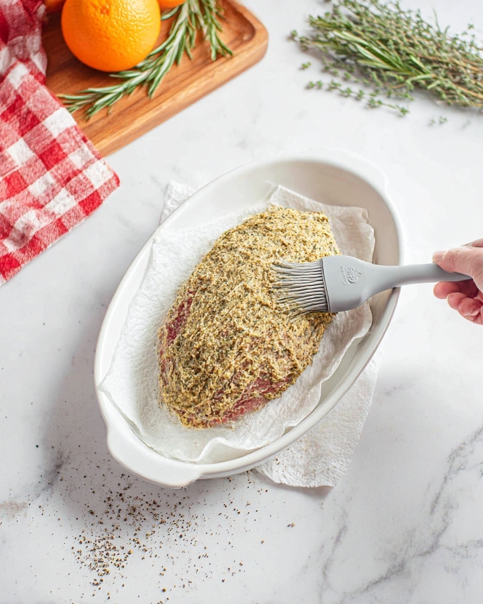 A white oval dish holds a piece of raw meat covered with a thick layer of mustard and herb mixture, which has a grainy yellow-green texture and is being spread with a gray silicone brush held by a woman's hand. The meat sits on some white paper towels that are slightly crumpled, and there is black pepper sprinkled around the edges of the dish on a white marbled surface. In the background, a wooden tray holds an orange and some fresh green herbs like rosemary and thyme, with a red and white checkered cloth nearby. photo taken with an iphone --ar 4:5 --v 7