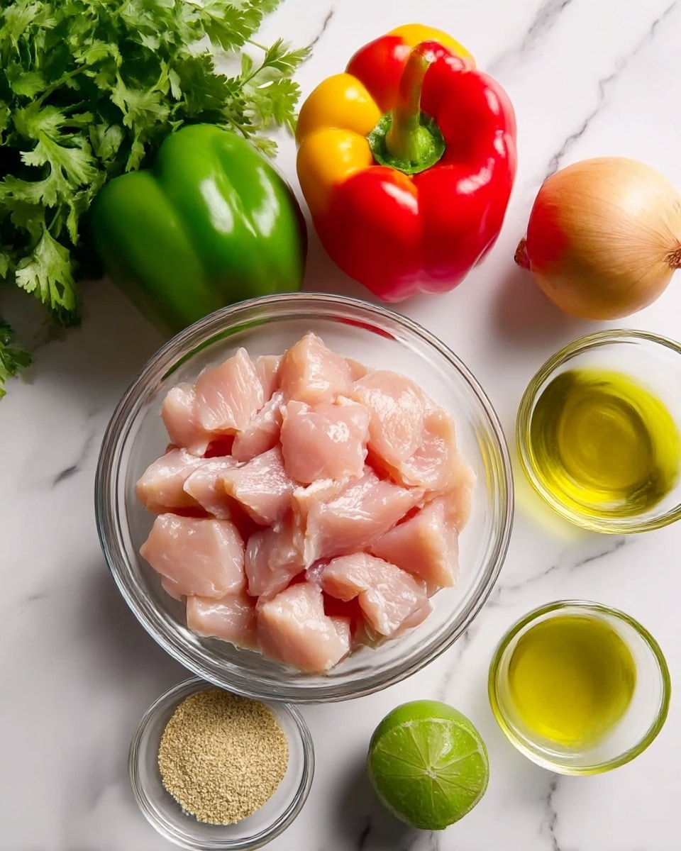 A clear glass bowl is at the center, filled with raw, light pink pieces of chicken. Surrounding the bowl on a white marbled surface are three whole bell peppers in red, yellow, and green, each shiny and smooth, a bunch of fresh, green cilantro with leafy texture, a whole light brown onion with dry skin, a small glass bowl filled with a fine, beige powder, a small glass bowl of golden-yellow oil, and two limes, one whole and one cut in half showing a pale green inside. photo taken with an iphone --ar 4:5 --v 7