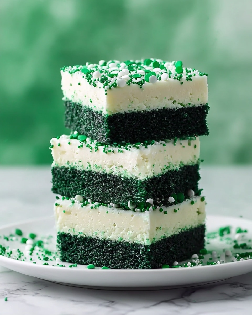 Three square layered green and white cake pieces are stacked on top of each other on a white plate. Each cake piece has two layers: a dark green textured bottom layer and a smooth white cream layer on top. The top white cream layer is decorated with small green and white round sprinkles, which also scatter slightly on the sides and edges of the cakes. The background is softly blurred with shades of green, and the surface beneath the plate has a white marbled texture photo taken with an iphone --ar 4:5 --v 7
