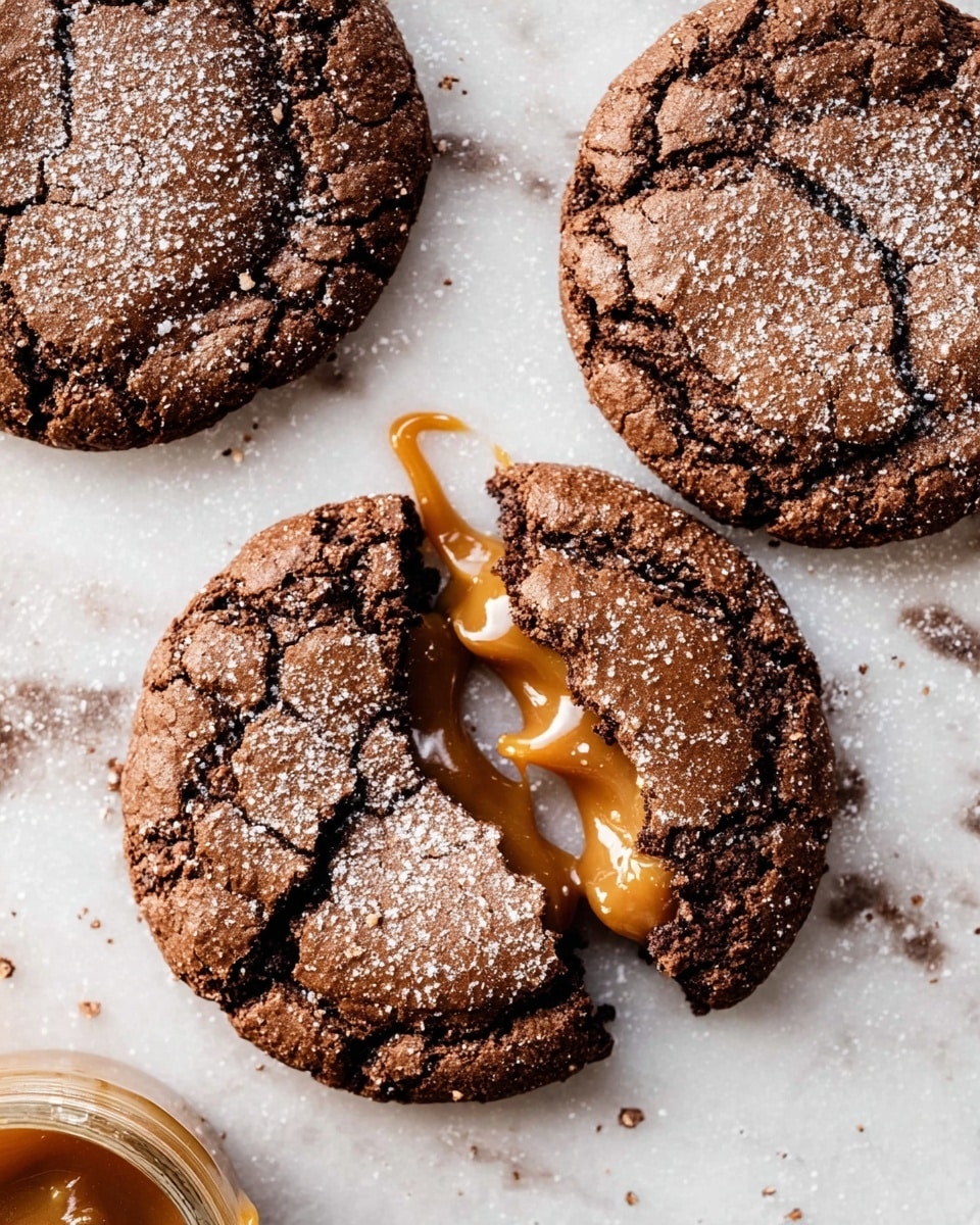 The image shows three round chocolate cookies with a cracked surface and a slightly rough texture, all resting on a white marbled surface. One cookie in the center is broken in half, revealing a gooey caramel layer inside that is stretching slightly between the two halves. The cookies have a rich, dark brown color with some light dusting of powdered sugar on top. In the bottom left corner, there is a small jar with a swirl of caramel visible. photo taken with an iphone --ar 4:5 --v 7