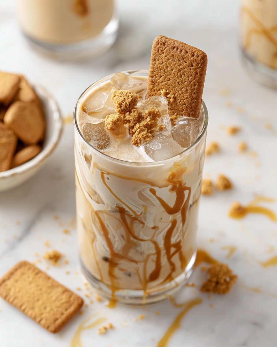 The image shows a glass filled with an iced light brown creamy drink with visible ice cubes throughout. The inside of the glass has caramel-colored syrup drizzled in a swirly pattern from top to bottom. On top, there is a crumbled biscuit with small and large pieces, and a whole rectangular biscuit standing upright, partially dipped into the drink. The glass is placed on a white marbled surface with another biscuit and some biscuit crumbs scattered around. In the background, there is a bowl filled with square-like biscuits and another glass with similar syrup drizzles, all on the same white marbled surface. photo taken with an iphone --ar 4:5 --v 7