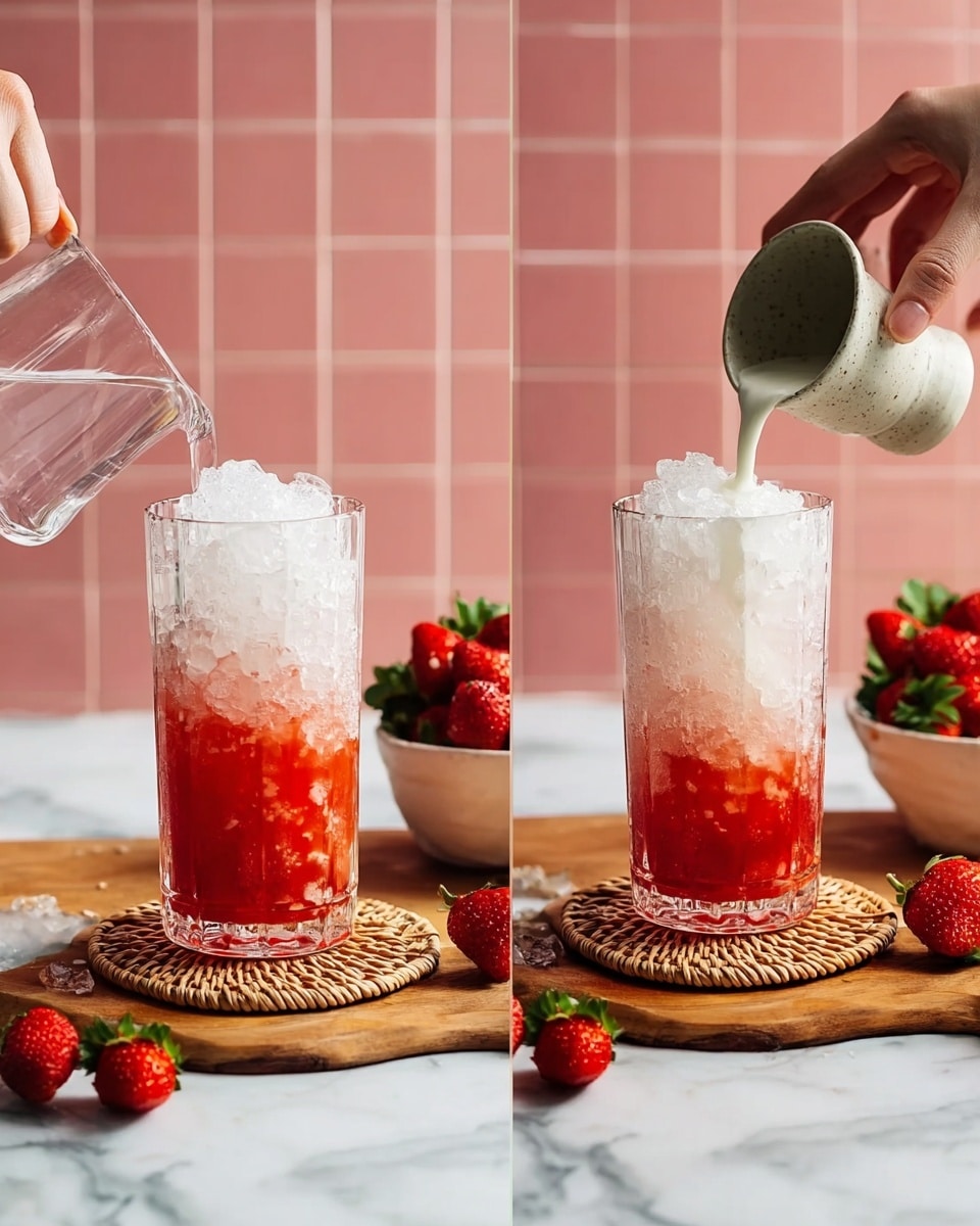 The image shows two tall clear glasses filled with crushed ice. In each glass, there is a layer of red at the bottom, gradually mixing with clear ice above it, creating a gradient from red at the bottom to mostly clear at the top. The glasses sit on round woven coasters placed on a small wooden board, which is on a white marbled surface. Around the board, there are some fresh strawberries scattered. In the left part of the split image, a woman's hand is pouring water into one of the glasses, and in the right part, another woman's hand is pouring a creamy white liquid from a small speckled cup over the ice, creating a white layer on top of the red and clear layers in the glass. Behind the glasses, there is a white bowl filled with strawberries, and the background is a soft pink tiled wall. Photo taken with an iphone --ar 4:5 --v 7