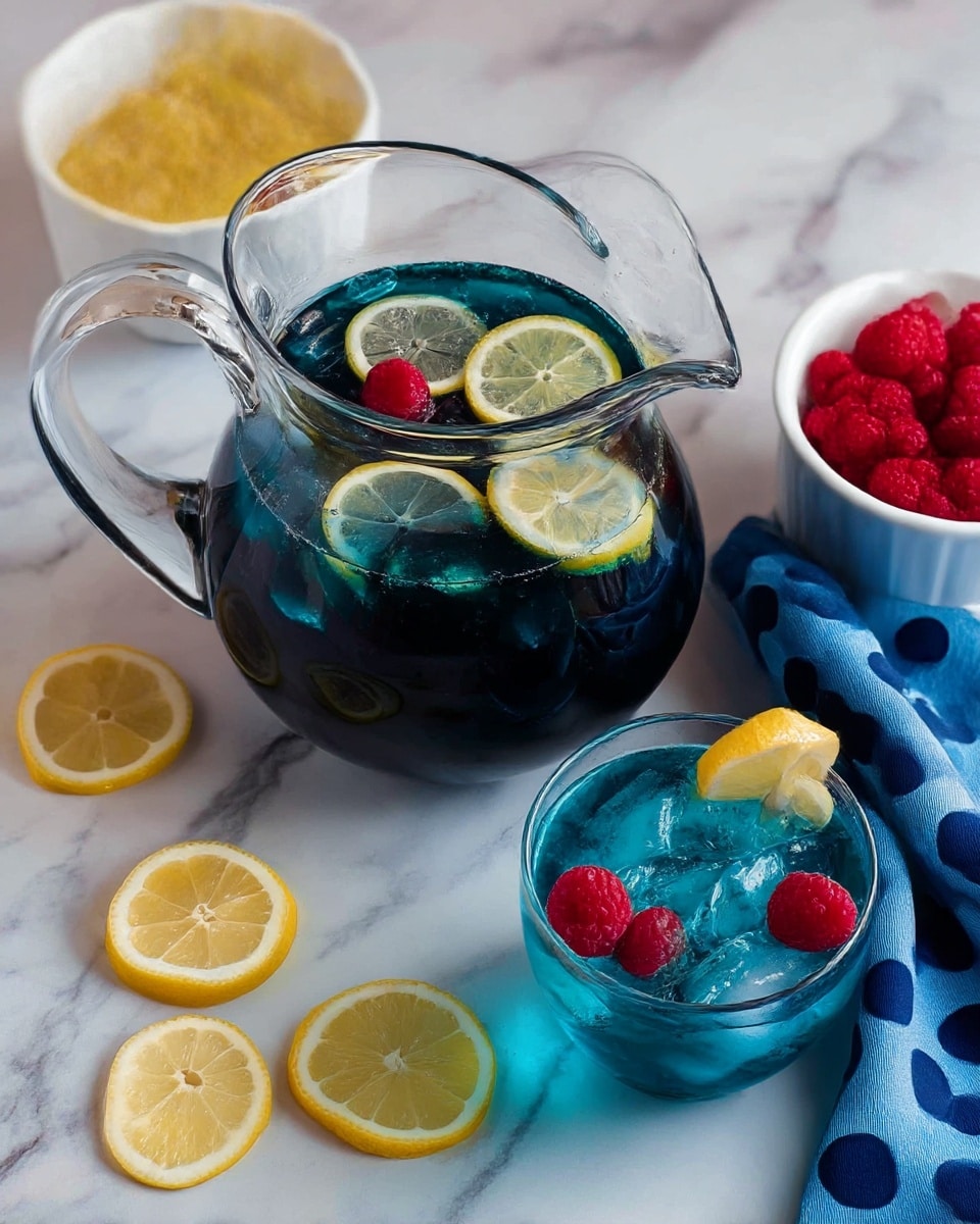 The image shows a clear glass pitcher filled with dark blue drink topped with floating slices of lemon and lime, and a single red raspberry. Next to the pitcher is a clear glass filled with blue drink and ice cubes, garnished with two red raspberries and a lemon slice on the rim. Around them on a white marbled surface are several lemon slices and a small white bowl packed with fresh red raspberries. A folded blue cloth with dark blue polka dots is placed near the pitcher, adding contrast to the scene. Photo taken with an iphone --ar 4:5 --v 7