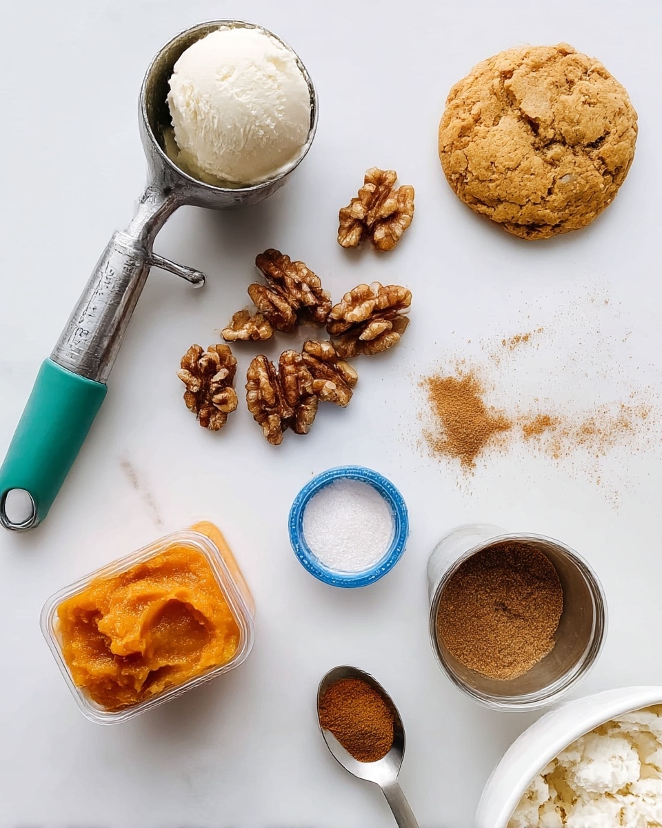 The image shows various ingredients arranged on a white marbled surface. On the top right, there is a round golden brown cookie with a crumbly texture. Below it, a small stainless steel bowl is filled with glossy, caramelized walnut halves scattered slightly outside the bowl. To the left of the bowl, there is a metallic scooper with a turquoise handle holding a scoop of smooth white cream. Below the scooper, there are two small clear plastic containers filled with thick orange pumpkin puree, one with a blue lid partially opened. Below and right of the puree containers are two measuring spoons: one white containing a heaping tablespoon of brown spice powder, and the other metallic holding packed light brown sugar. Small cinnamon powder traces are lightly spilled on the surface around the spoons. The bottom edge shows part of a white bowl filled with fluffy white batter. Photo taken with an iphone --ar 4:5 --v 7