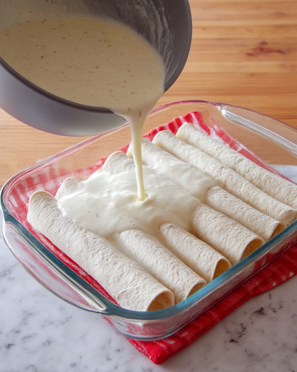A clear glass dish holds a single layer of rolled white tortillas tightly placed side by side. A light creamy white sauce with small green bits is being poured in a slow stream from a gray mixing bowl at the left top corner, spreading over the tortillas with a smooth and slightly thick texture. The background features a wooden table with a red and white checkered cloth partially visible underneath the dish. The whole scene is set on a white marbled surface. photo taken with an iphone --ar 4:5 --v 7