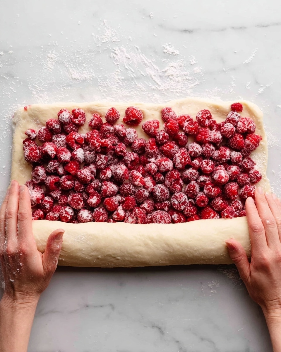 A rectangular piece of light beige dough laid flat on a white marbled surface, covered in a layer of small frozen raspberries scattered evenly across the top two-thirds of the dough. The bottom third is left clear as a woman's hands roll the dough upwards to enclose the berries, showing the beginning of a tight, even roll with a smooth texture. The contrast between the plump red berries and soft dough is visible, and some flour is sprinkled lightly on the woman's hands and dough. Photo taken with an iphone --ar 4:5 --v 7