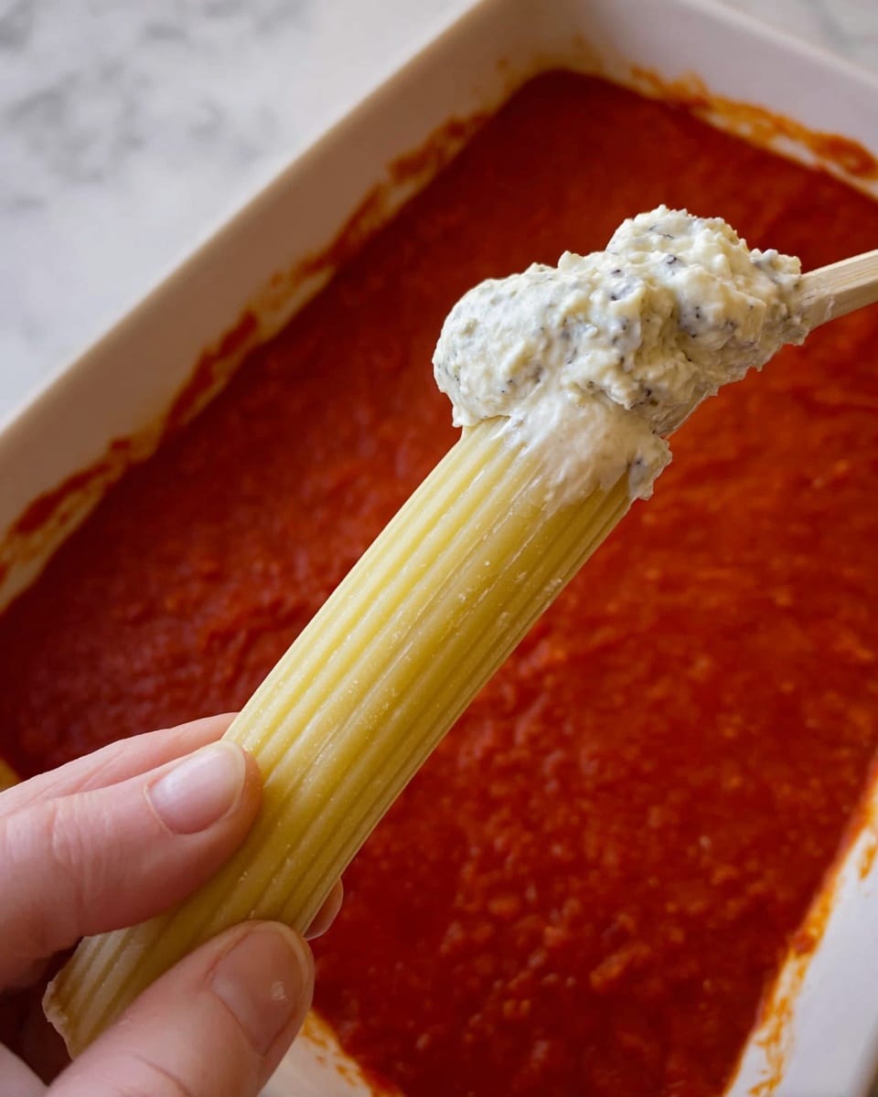 A close-up view of a woman's hand holding a single long stuffed pasta tube being filled with white filling that has specks of herbs or spices. The pasta tube is pale yellow with ridges along its length. In the background, there is a white baking dish with a red chunky tomato sauce spread at the bottom, visible beneath the pasta and filling process. The scene is set on a white marbled surface. Photo taken with an iphone --ar 4:5 --v 7