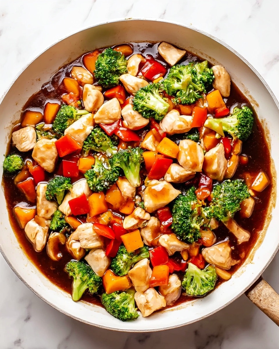 A white pan holds a colorful stir-fry with three main layers. The bottom layer is dark brown sauce that is thick and shiny, covering the pan's base. On top, there is a mix of bright green broccoli pieces spread evenly. The top layer shows light beige chunks of cooked chicken and orange and red bell pepper pieces scattered throughout, adding sharp color contrasts. The dish sits on a white marbled surface. photo taken with an iphone --ar 4:5 --v 7