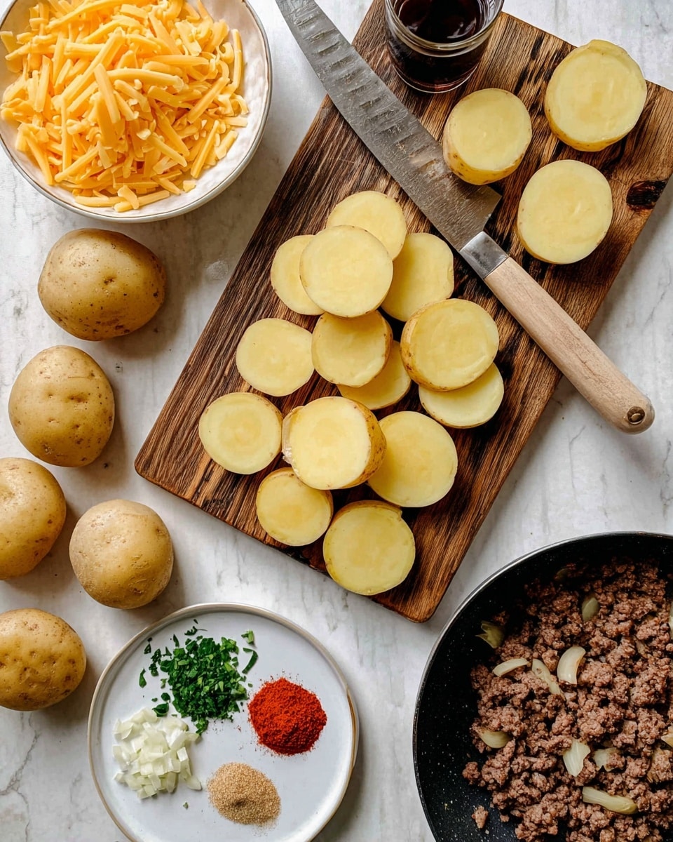 The image shows a wooden cutting board on a white marbled surface with sliced round yellow potatoes arranged in several small stacks and a large kitchen knife with a light wooden handle resting on top. Surrounding the cutting board are whole yellow potatoes scattered around. To the left is a white bowl filled with shredded orange cheese, and nearby is a clear glass with a dark liquid. Below the cutting board is a small white plate holding three spices: a pile of light beige powder, chopped green herbs, and a bright red powder. On the right side of the image, part of a black skillet is visible, filled with cooked ground beef mixed with small pieces of onion. photo taken with an iphone --ar 4:5 --v 7