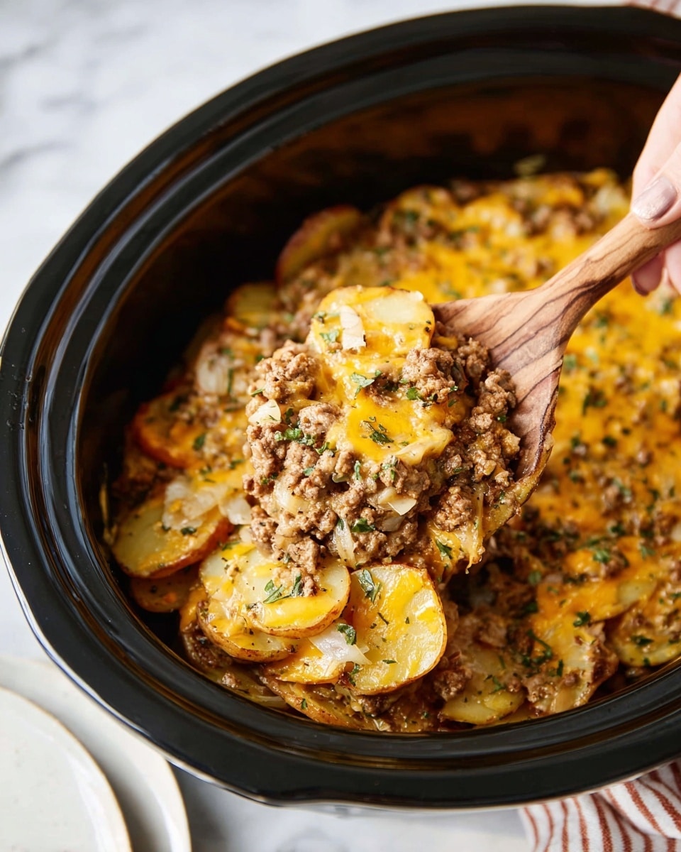 The image shows a close-up of a slow cooker dish with multiple layers. At the bottom, there are round, thin slices of golden yellow potatoes with some browned edges. Above this is a layer of cooked ground meat mixed with small pieces of translucent onions. The top layer is melted yellow cheese with some green herbs sprinkled over it. A wooden spoon held by a woman's hand is lifting a portion of the layered dish. The slow cooker is black and sits on a white marbled surface, with part of a white plate visible at the bottom. photo taken with an iphone --ar 4:5 --v 7