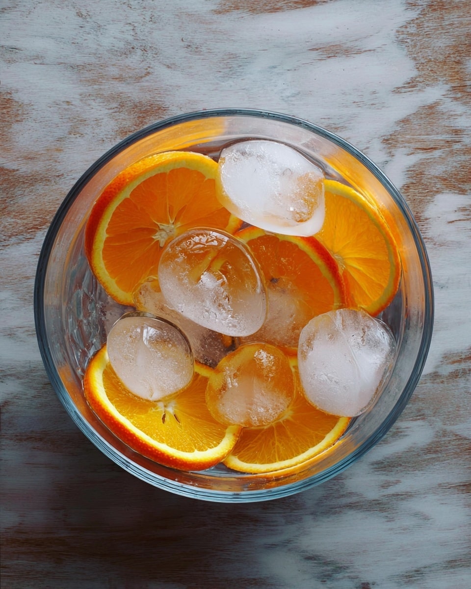A clear glass bowl filled with several bright orange slices placed at the bottom, topped with a layer of clear liquid and scattered ice cubes. The ice is semi-transparent and slightly melting, floating above and between the orange slices. The bowl rests on a white marbled textured surface. photo taken with an iphone --ar 4:5 --v 7