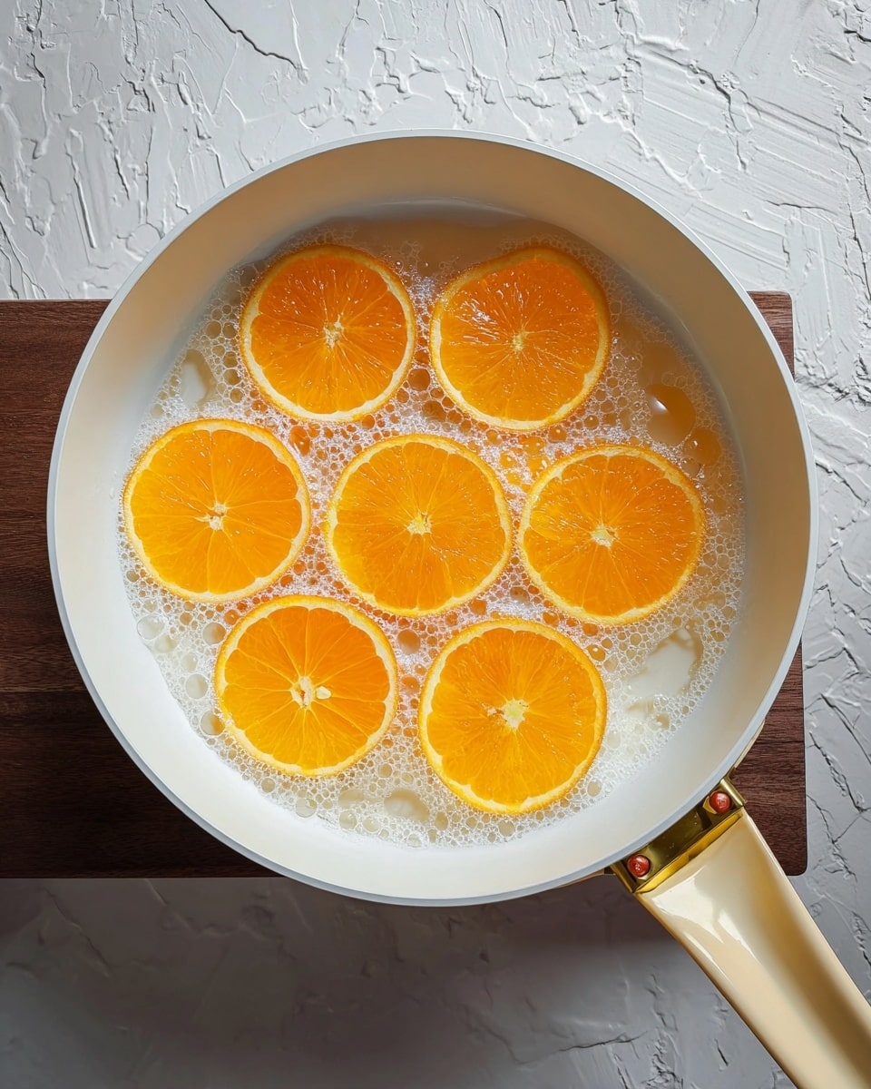 A white pan filled with clear bubbling liquid, showing eight bright orange slices floating on the surface in a circular pattern. The orange slices are smooth and shiny, evenly spaced with their vivid color standing out against the white pan. The pan has a light beige handle, and it sits on a heating device with a gold hinge on the right side, all placed on a white marbled surface. photo taken with an iphone --ar 4:5 --v 7