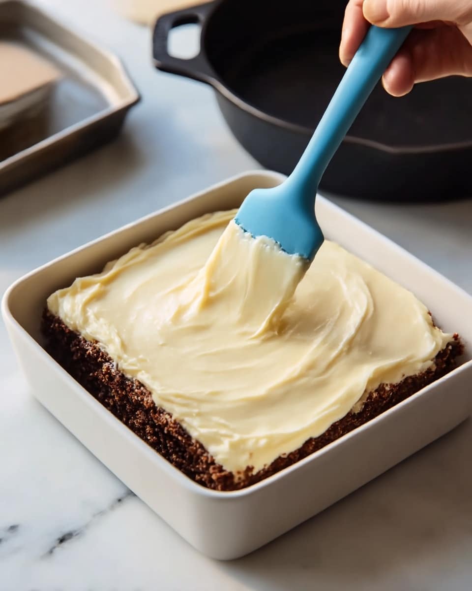 A white square pan holds a dessert with two clear layers. The bottom layer is dark brown and crumbly, filling the pan evenly. The top layer is thick, creamy, and pale yellow, being spread smoothly with a blue silicone spatula held by a woman's hand. The pan sits on a white marbled surface, with a dark cast iron pan slightly visible in the background. photo taken with an iphone --ar 4:5 --v 7