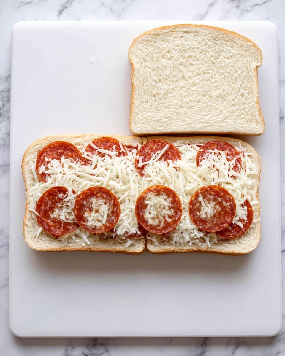A slice of white bread lies flat on a white cutting board placed on a white marbled surface. On this bread, a layer of red round pepperoni slices is neatly arranged in a row, covering the top half of the bread. Above the pepperoni, there is a generous layer of shredded white cheese, scattered evenly to cover the entire top surface. Next to this, another slice of plain white bread is placed with its top facing upward, ready to be put on top. Photo taken with an iphone --ar 4:5 --v 7