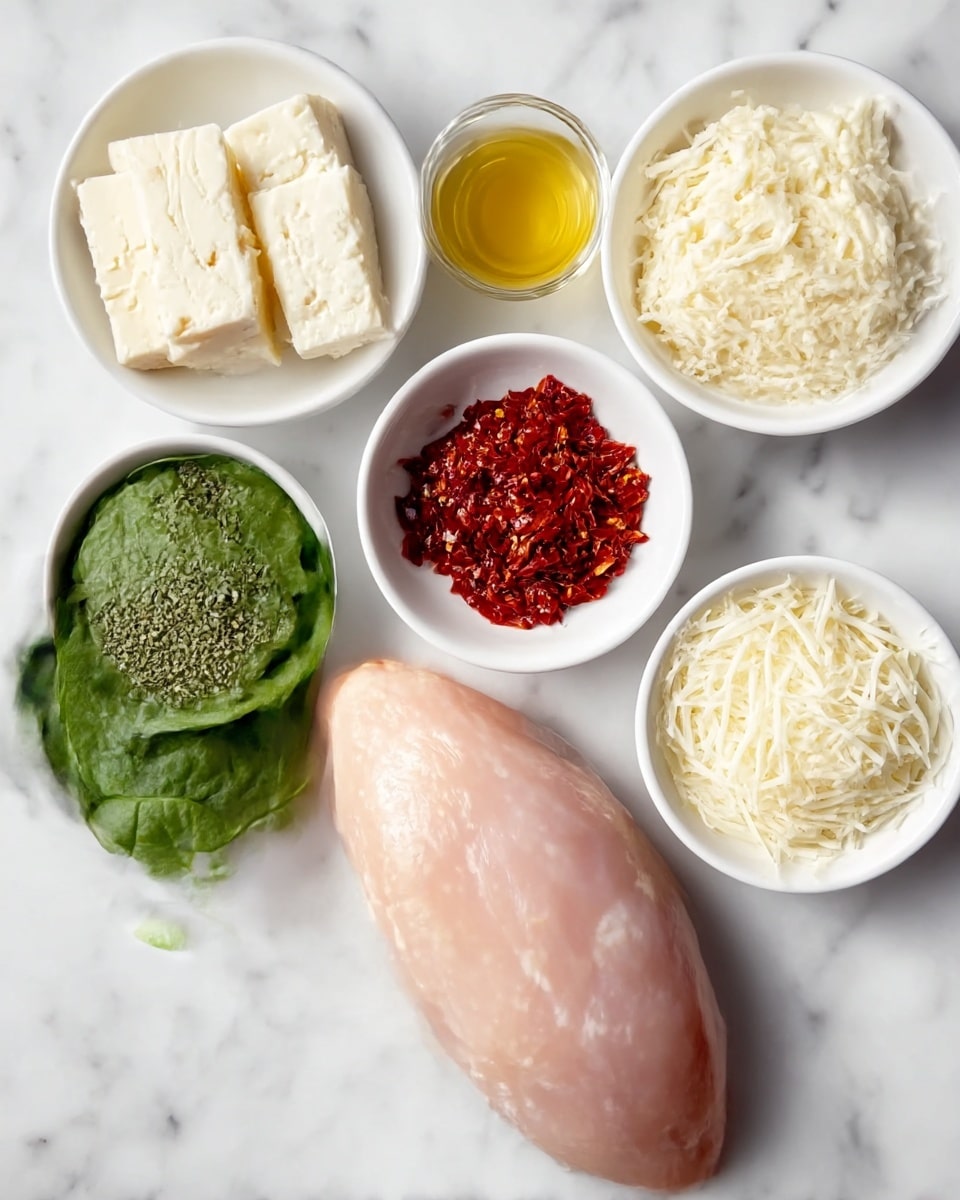The image shows a raw pale pink chicken piece placed slightly off-center on a white marbled surface. Surrounding the chicken in small white bowls are six ingredients: top middle two blocks of white cheese with a slightly crumbly texture, top right a light yellow clear liquid, middle left shredded dried red chili flakes, bottom left fresh green spinach leaves with smooth texture, bottom middle shredded white cheese, and top left a dry green herb mix. Each bowl is neatly arranged around the chicken, creating a balanced composition. Photo taken with an iphone --ar 4:5 --v 7