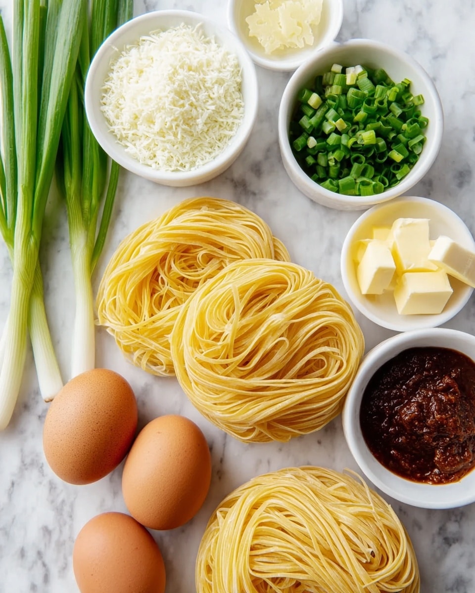 The image shows four nests of light yellow dried pasta arranged on a white marbled surface, with three brown eggs placed near the pasta at the bottom left corner. Above the eggs, there is a small white bowl filled with finely grated white cheese. Next to it on the left side, another white bowl holds chopped green onions, and above that, fresh whole green onions rest at the top left. To the right of the green onions, there are three more white bowls, the top one with pieces of pale yellow butter, the middle one containing a light golden liquid, and the rightmost bowl filled with a dark reddish-brown paste. The arrangement is neat and all elements are shown clearly from a top-down view. photo taken with an iphone --ar 4:5 --v 7