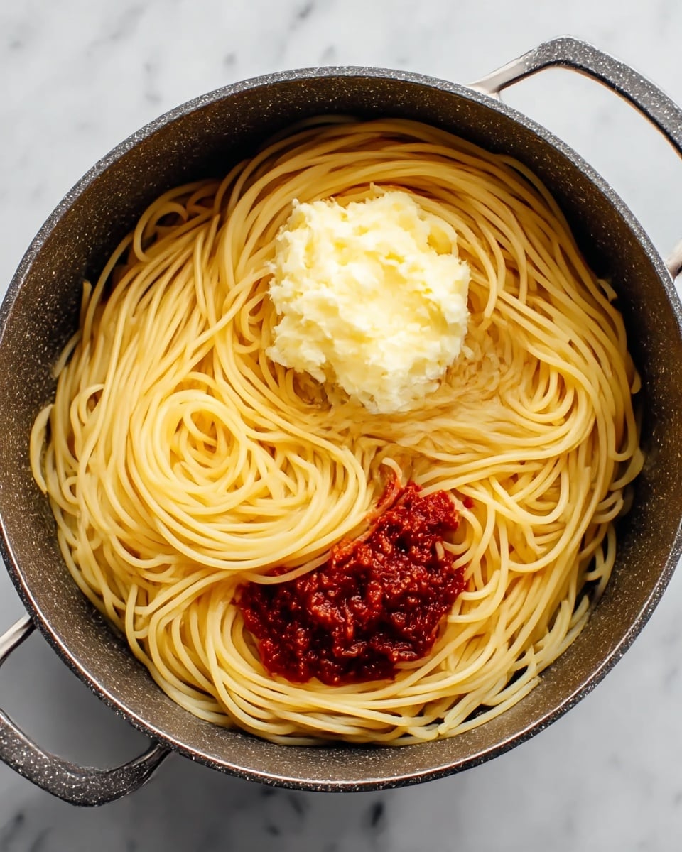 A deep grey speckled pot sits on a white marbled surface, filled with a large nest of cooked spaghetti pasta that is light yellow in color, smooth, and slightly shiny. On the top left side inside the pot, a dollop of pale yellow butter rests on the pasta, looking soft and creamy. Just below the butter, there is a heap of thick, dark red tomato paste with a rich texture. The pasta strands are coiled and intertwined, covering the pot's bottom and rising close to the edges. Photo taken with an iphone --ar 4:5 --v 7